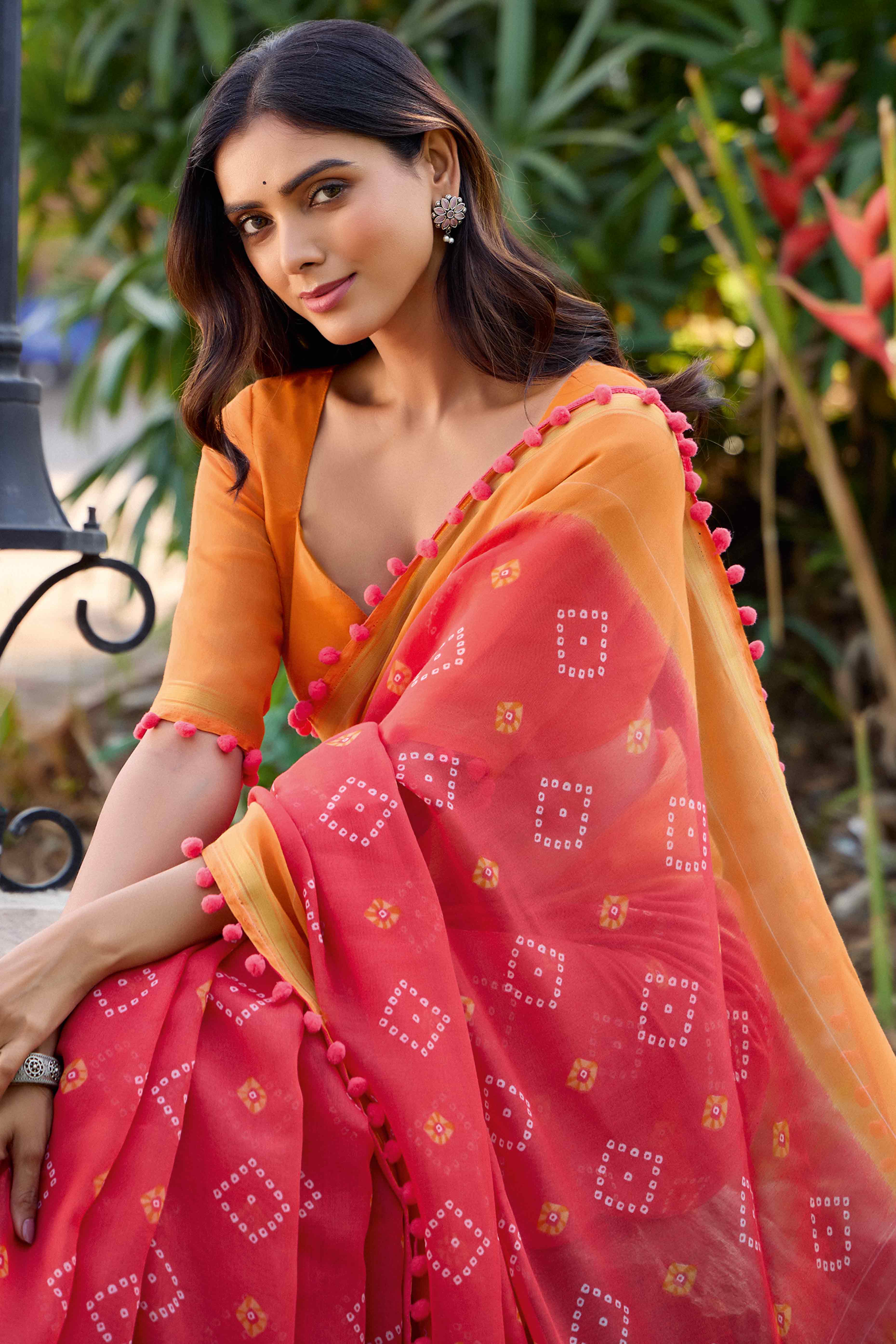 Gajri Pink Printed Cotton Blend Saree With Pumpum Lace