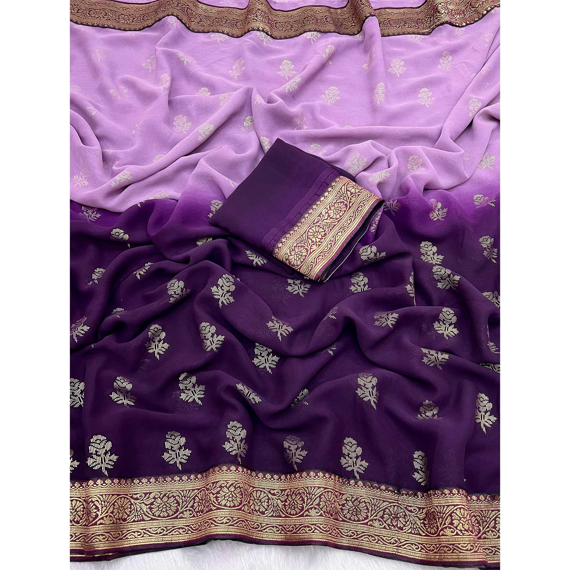 Purple & Lavender Floral Foil Printed Georgette Saree Woven Saree