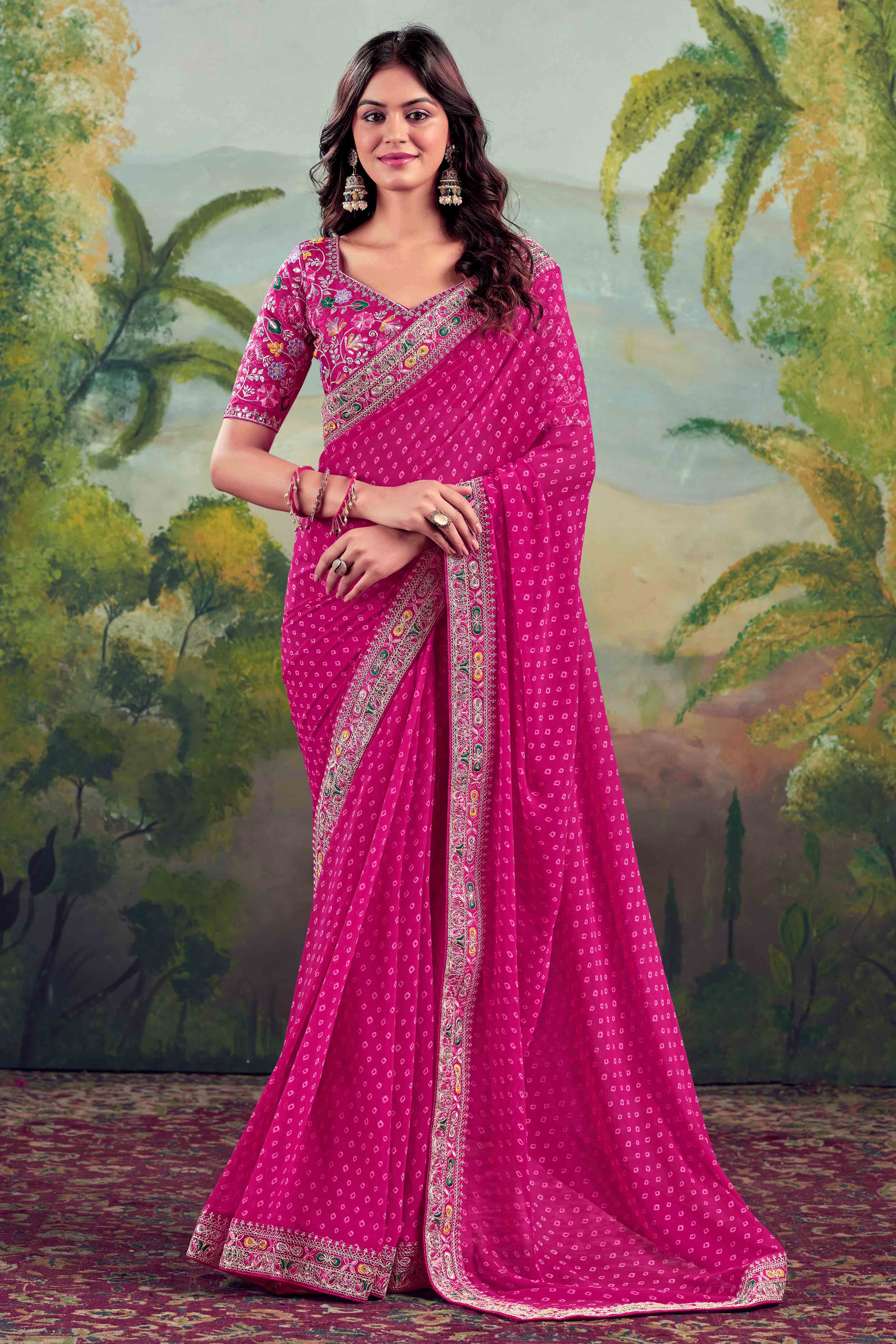 Pink Bandhani Printed Georgette Saree With Embroidered Border