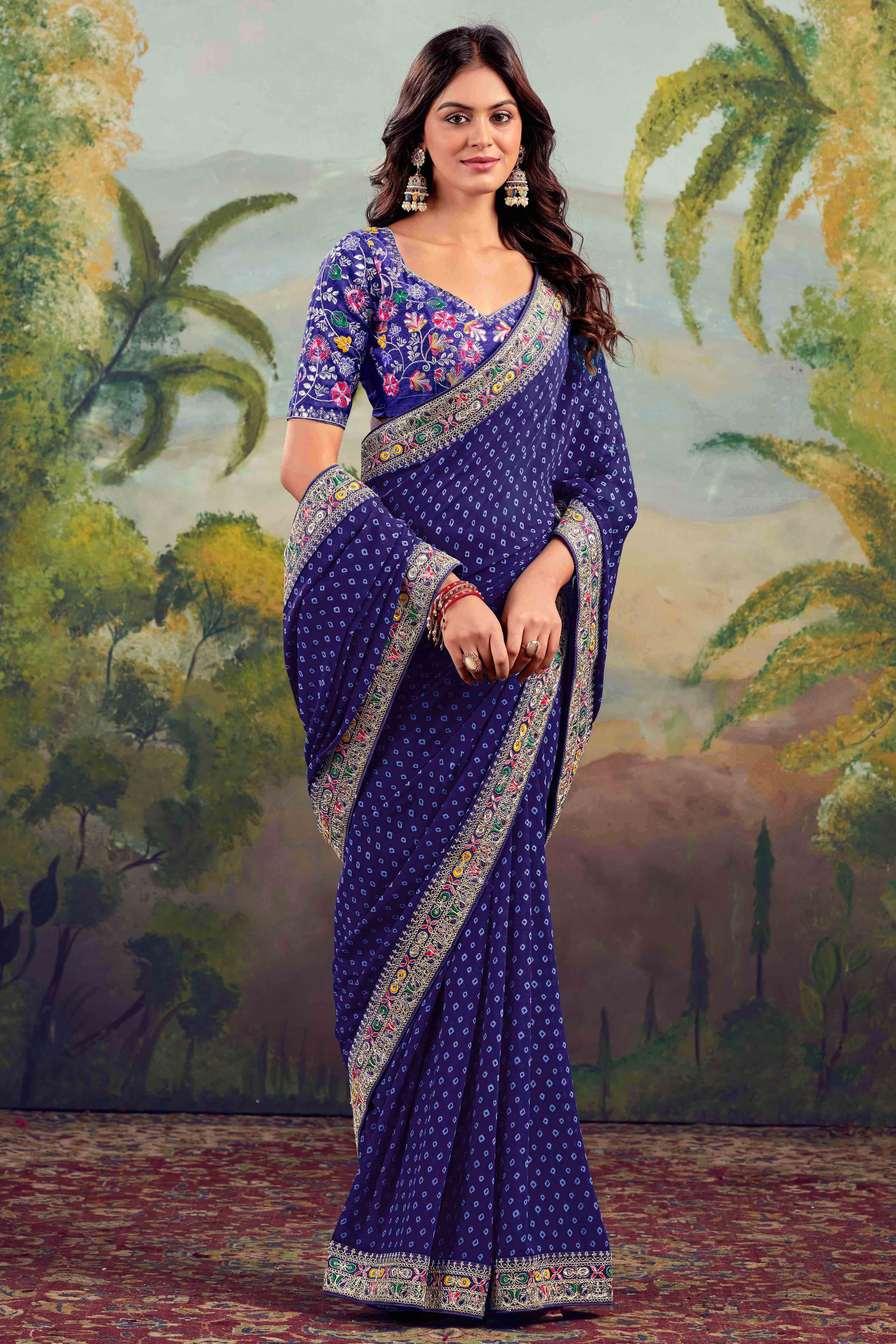 Blue Bandhani Printed Georgette Saree With Embroidered Border