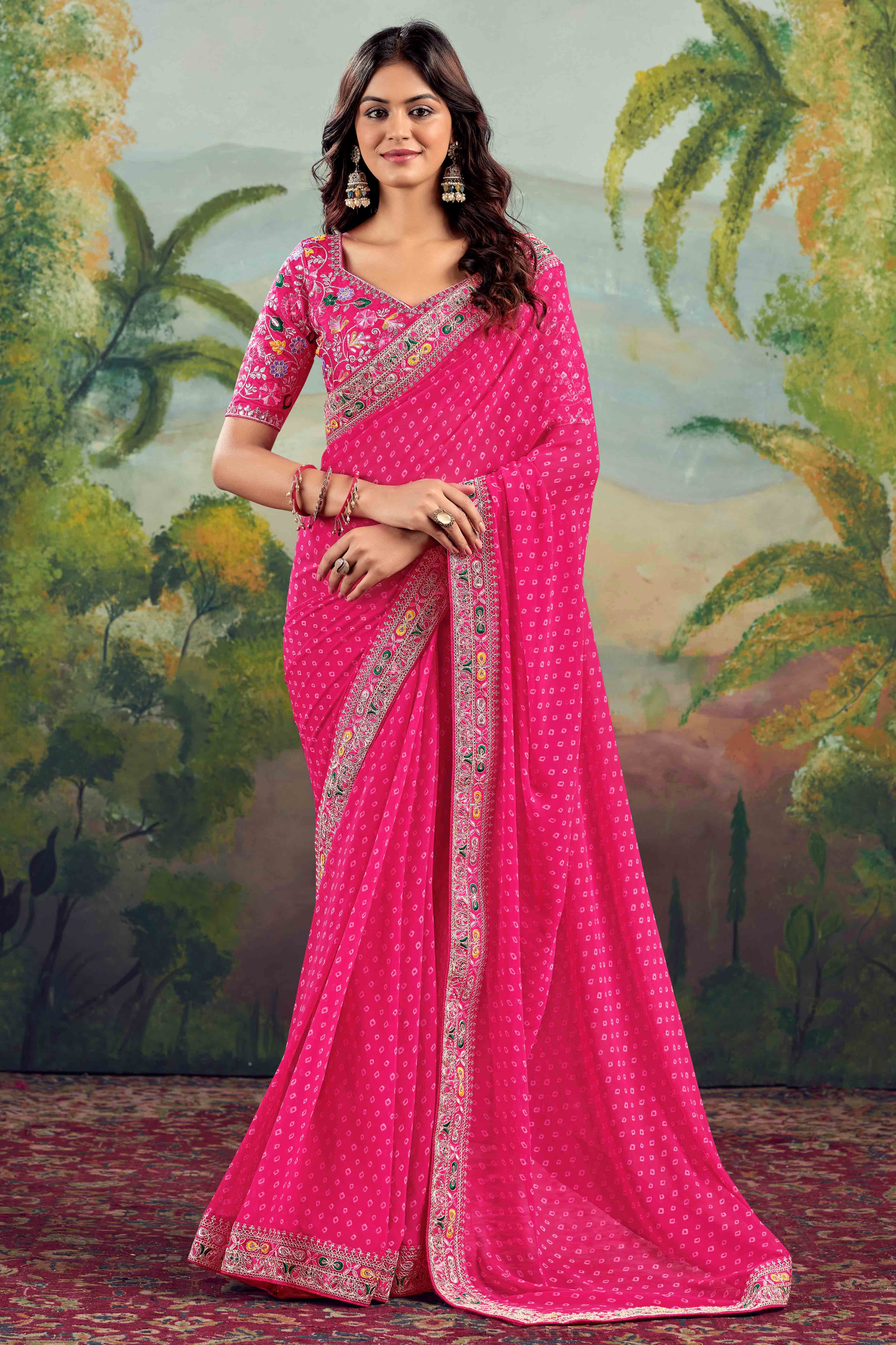 Gajri Pink Bandhani Printed Georgette Saree With Embroidered Border