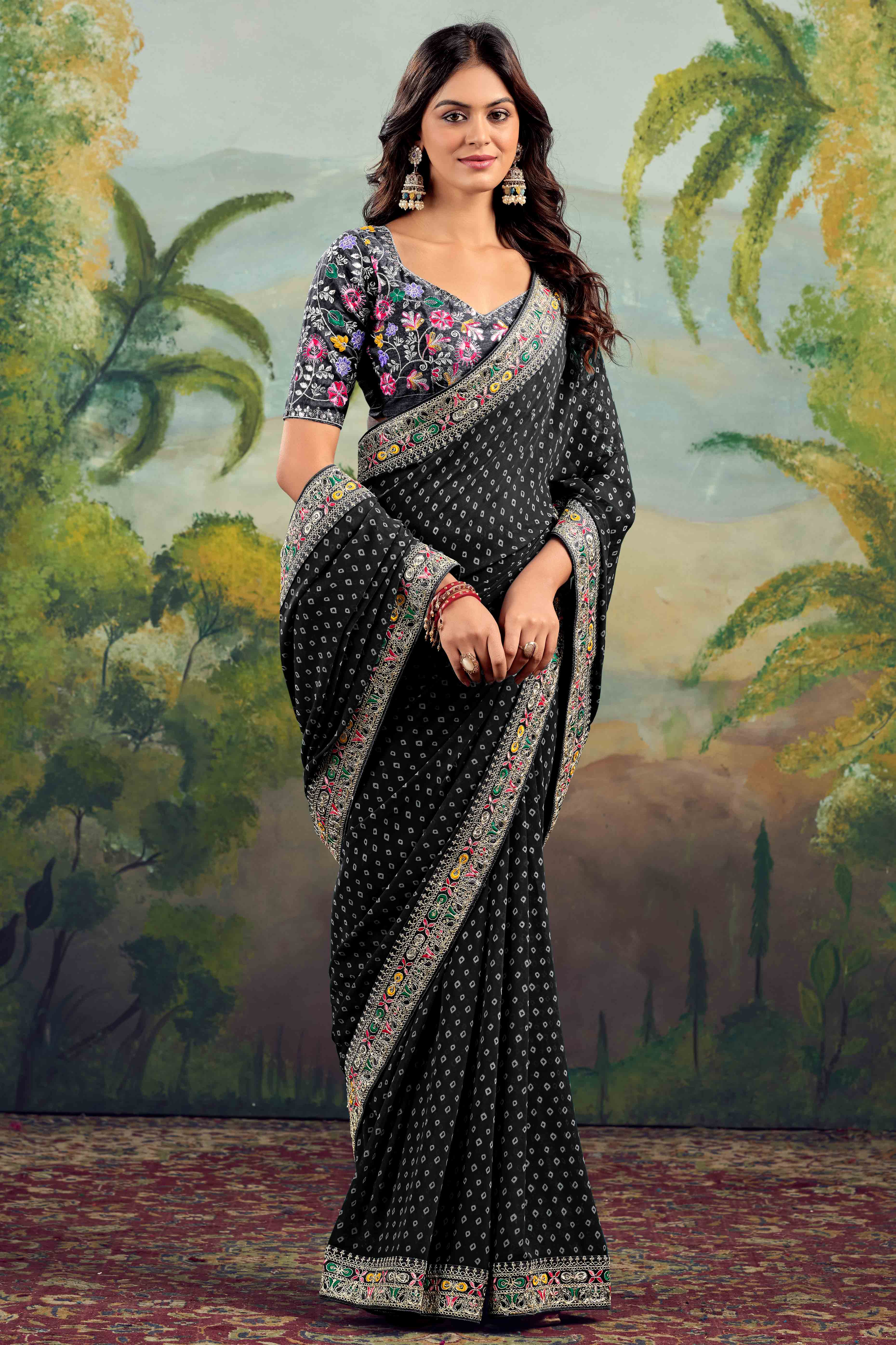 Black Bandhani Printed Georgette Saree With Embroidered Border