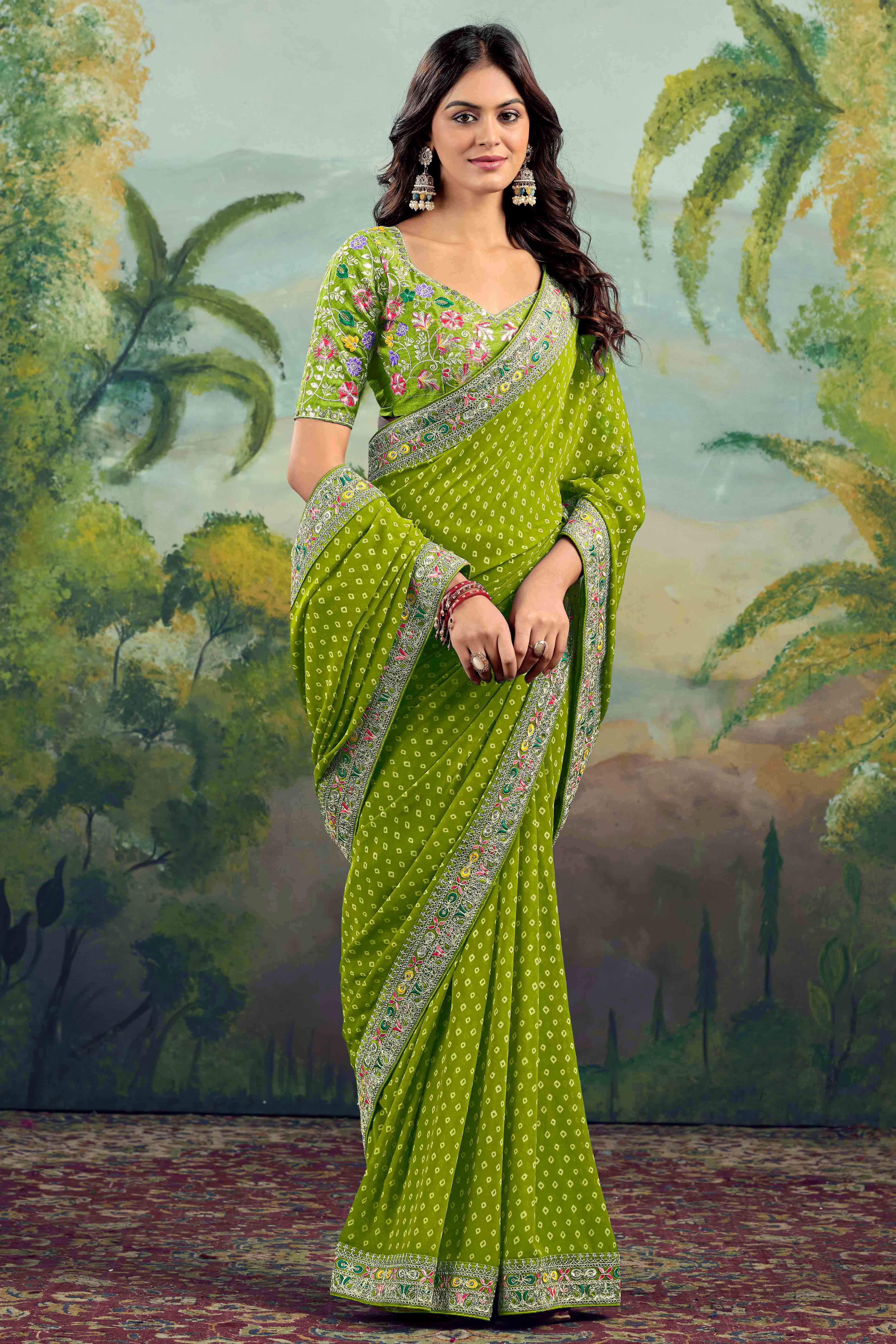 Green Bandhani Printed Georgette Saree With Embroidered Border