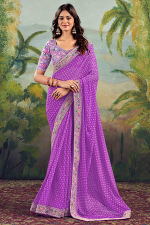 Purple Bandhani Printed Georgette Saree With Embroidered Border