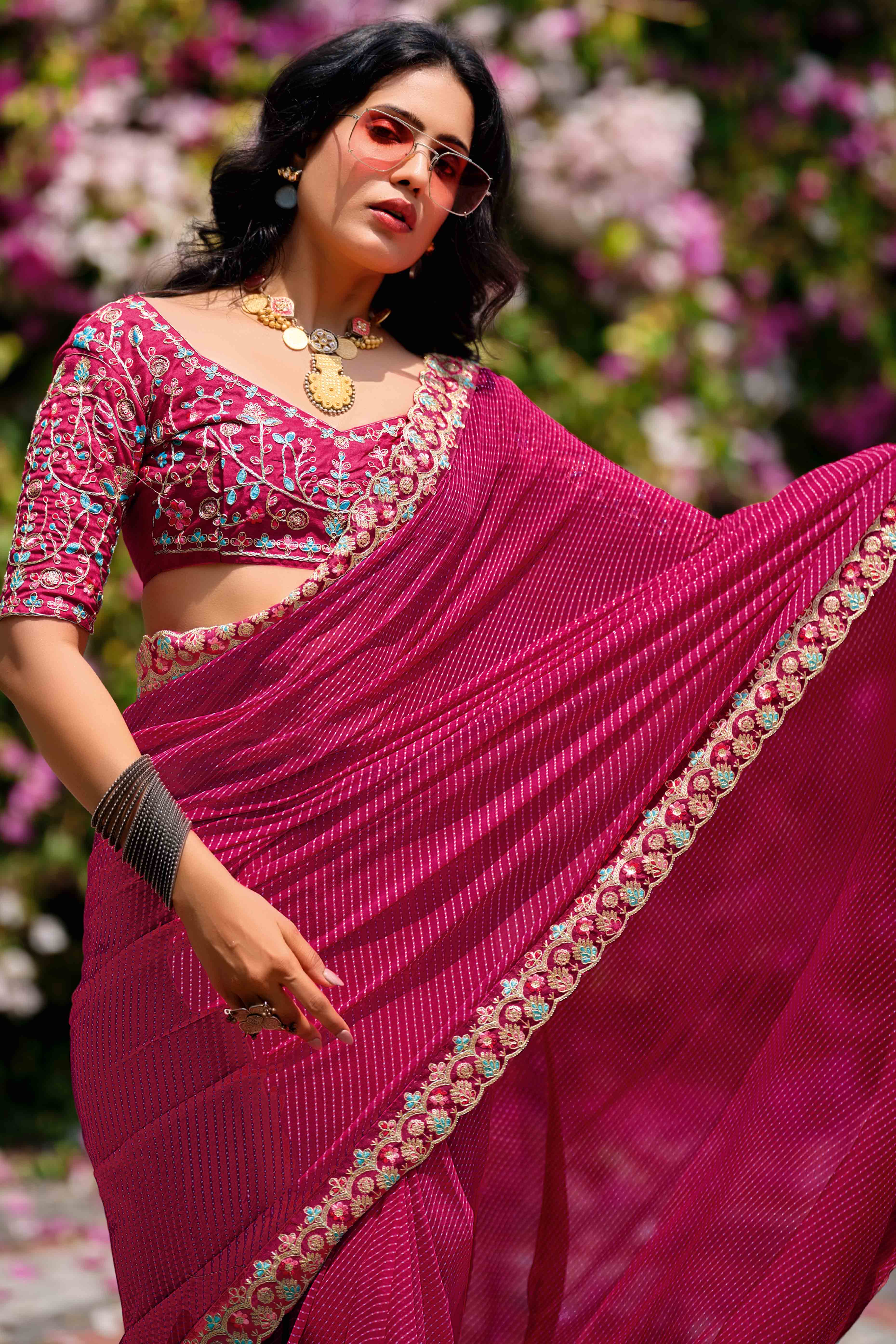 Rani Pink Striped Printed Georgette Saree With Shimmering Sequin Embroidered Border