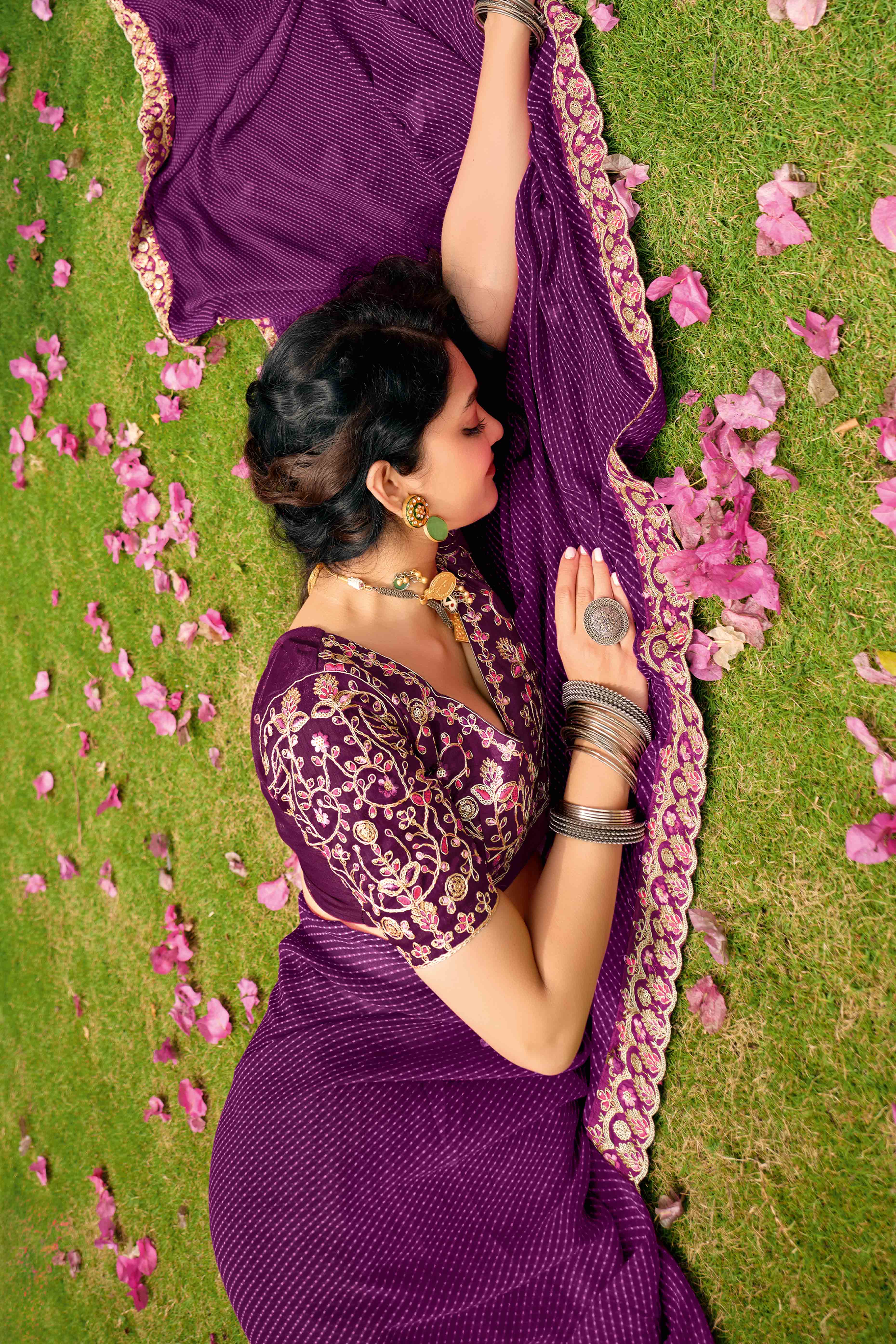 Purple Striped Printed Georgette Saree With Shimmering Sequin Embroidered Border