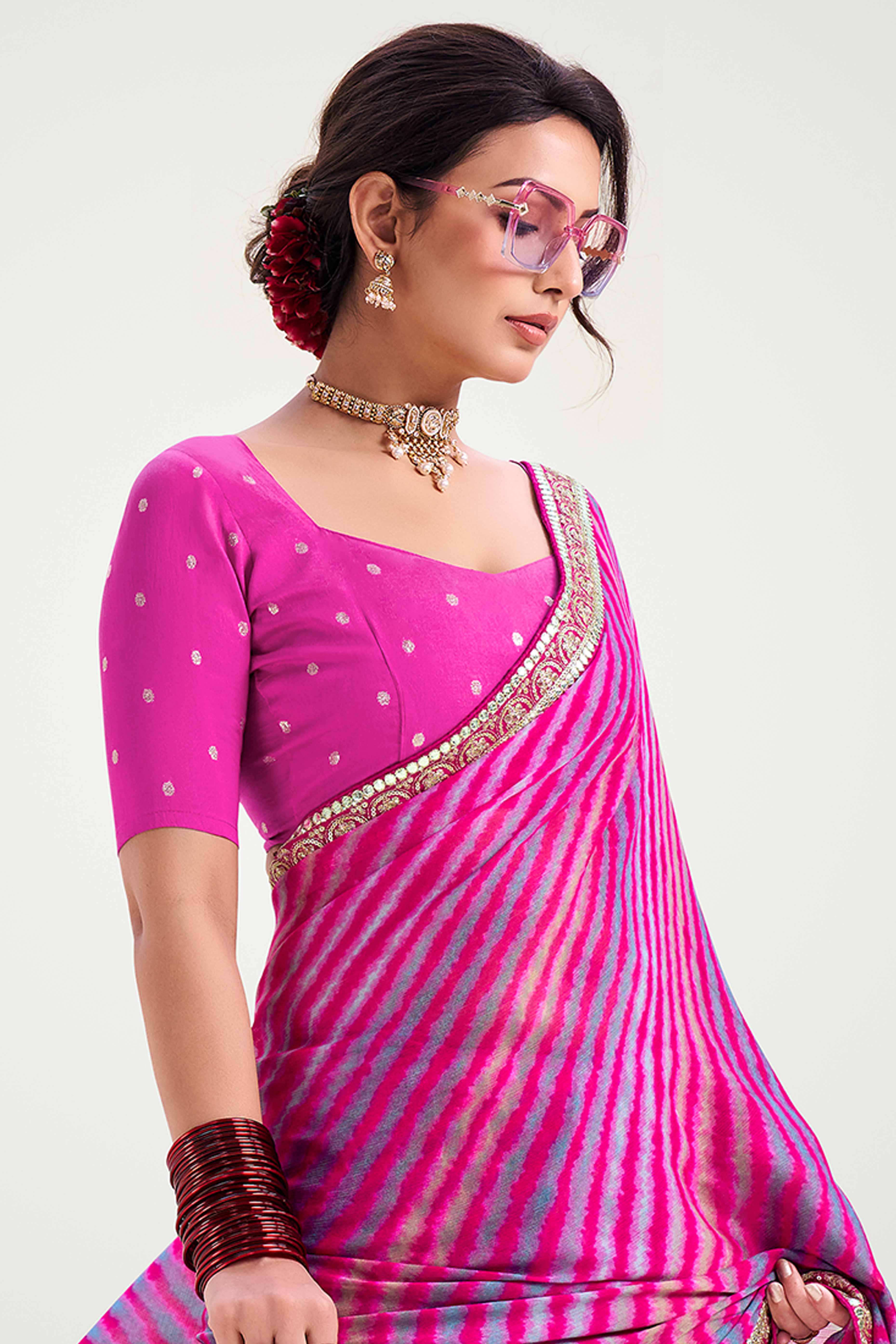 Rani Pink Striped Printed Chiffon Saree Enhanced With Sparkling Sequins Embroidered Border Work