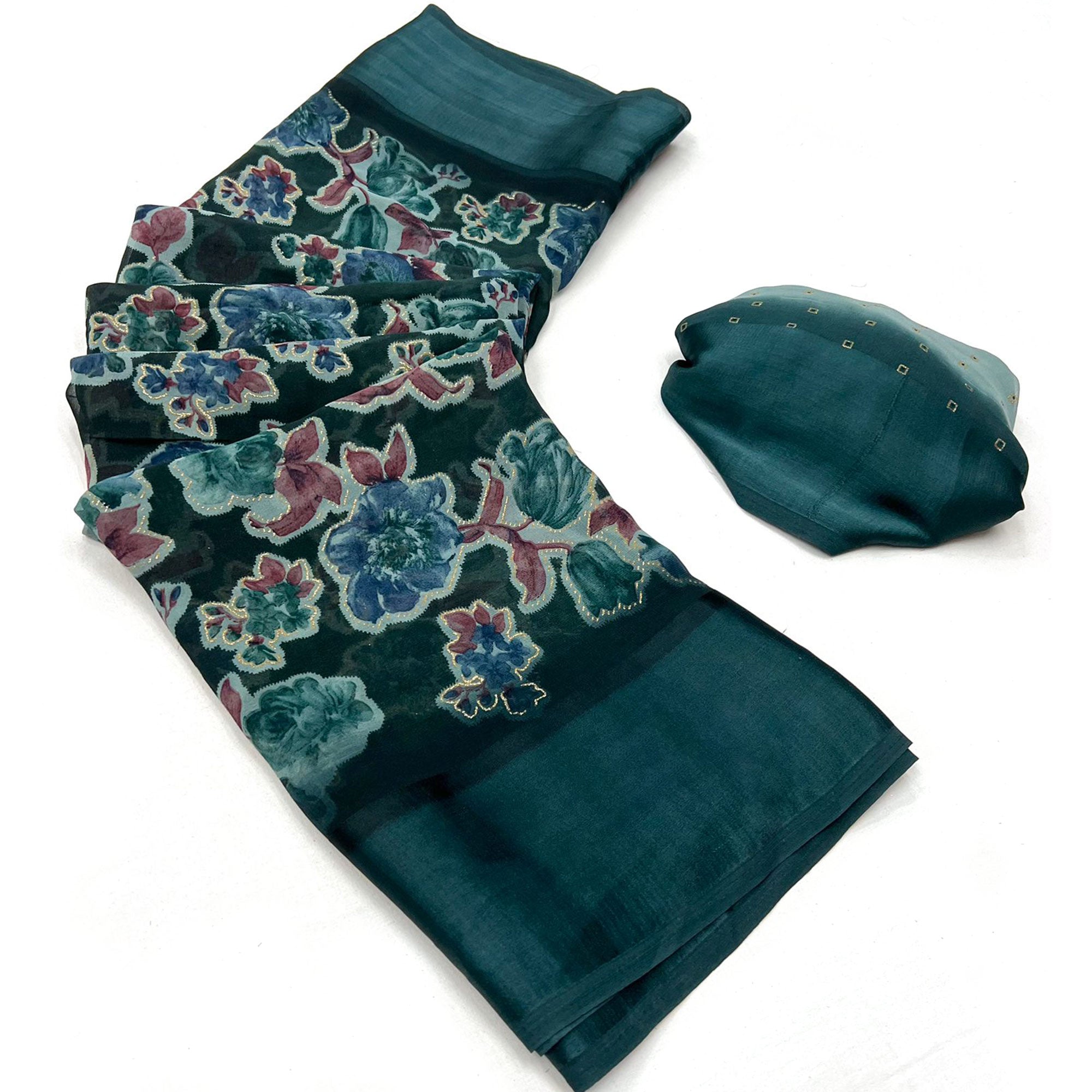 Teal Floral Foil Printed Cotton Silk Saree