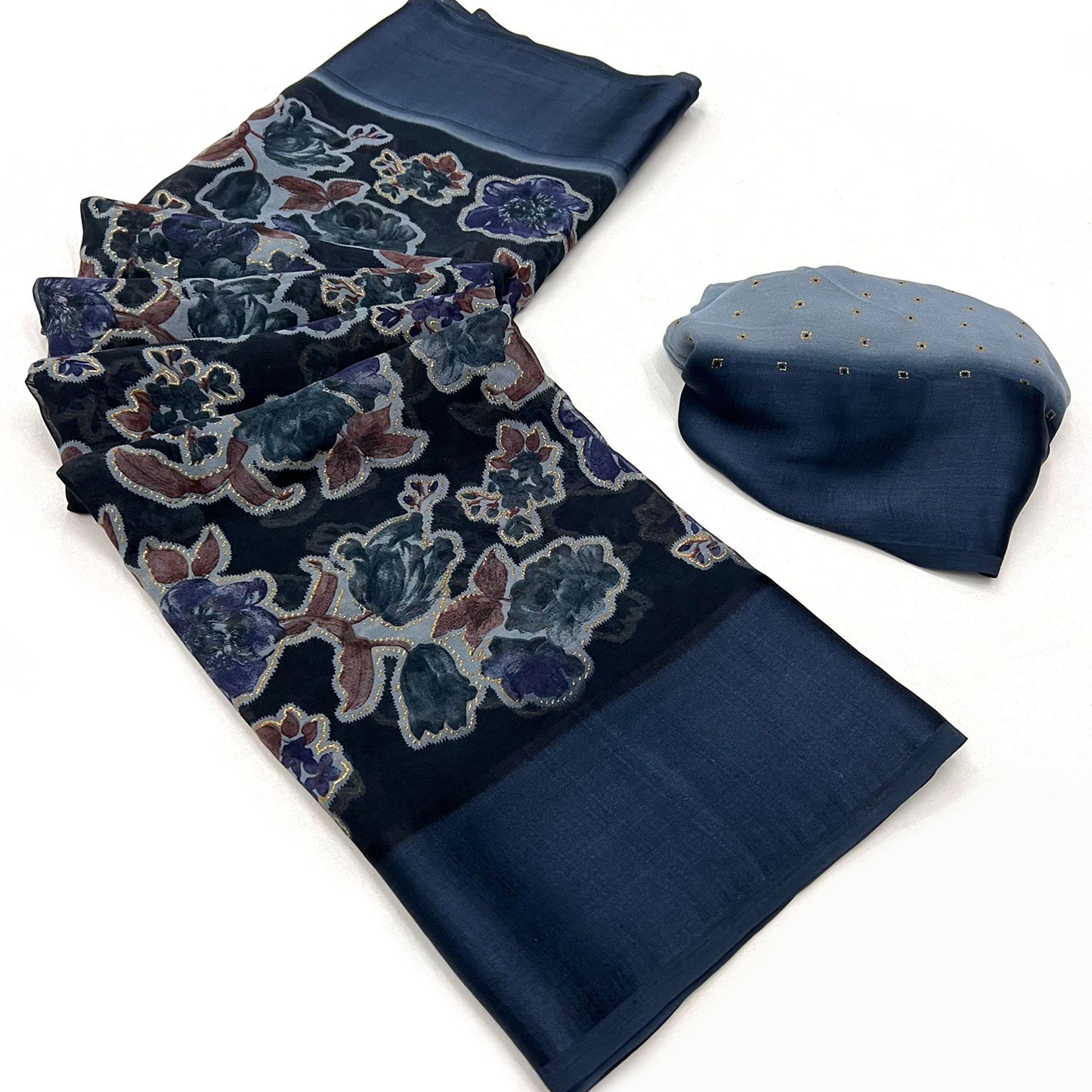 Blue Floral Foil Printed Cotton Silk Saree