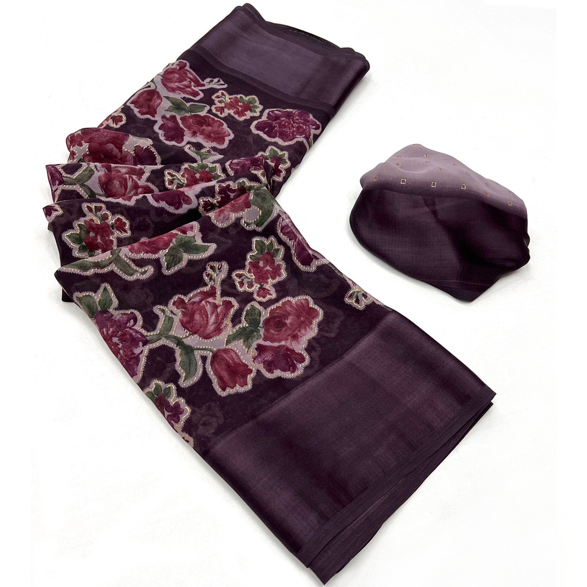Dark Purple Floral Foil Printed Cotton Silk Saree