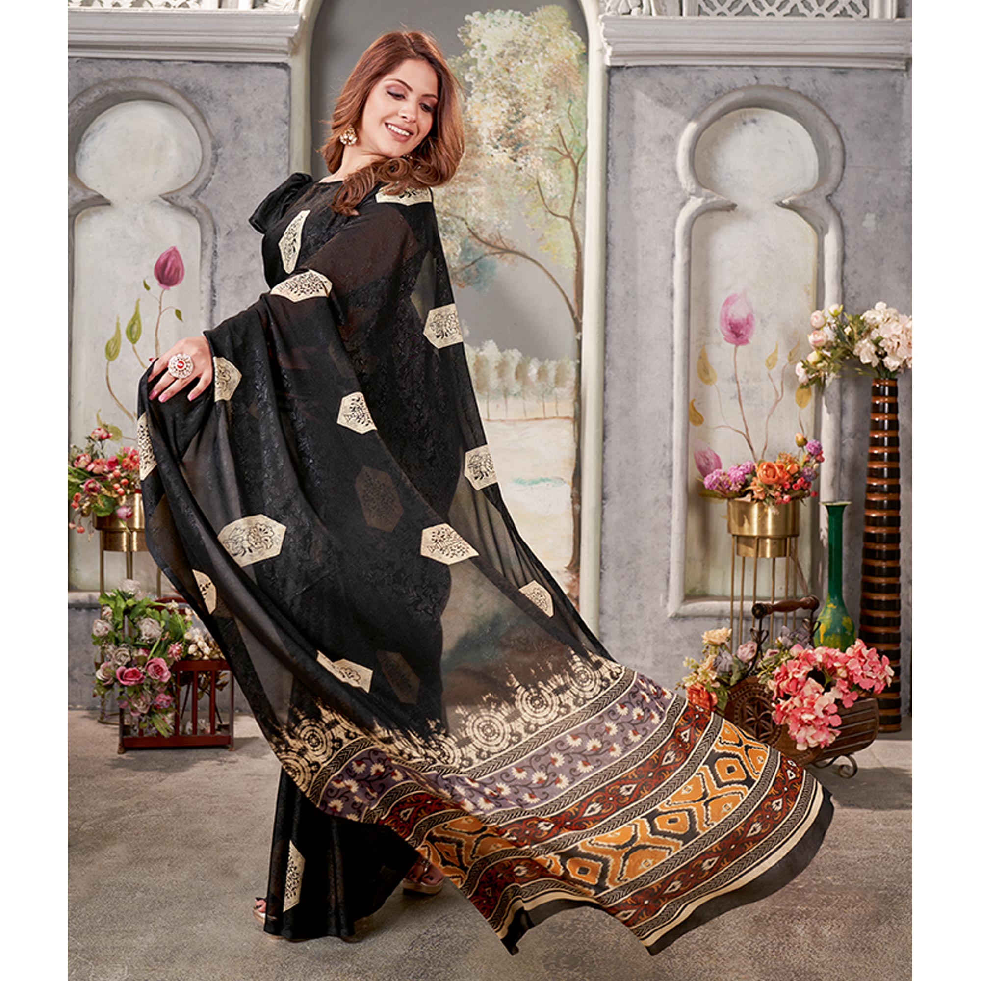 Black Floral Printed Chiffon Saree