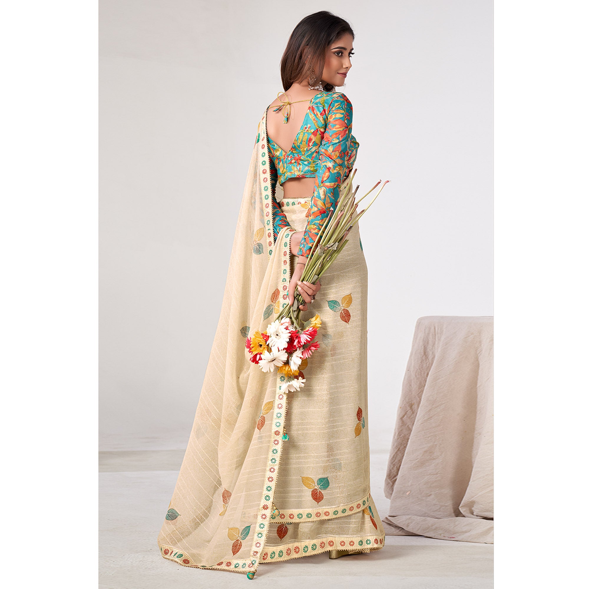 Beige Printed Georgette Saree With Lace Work