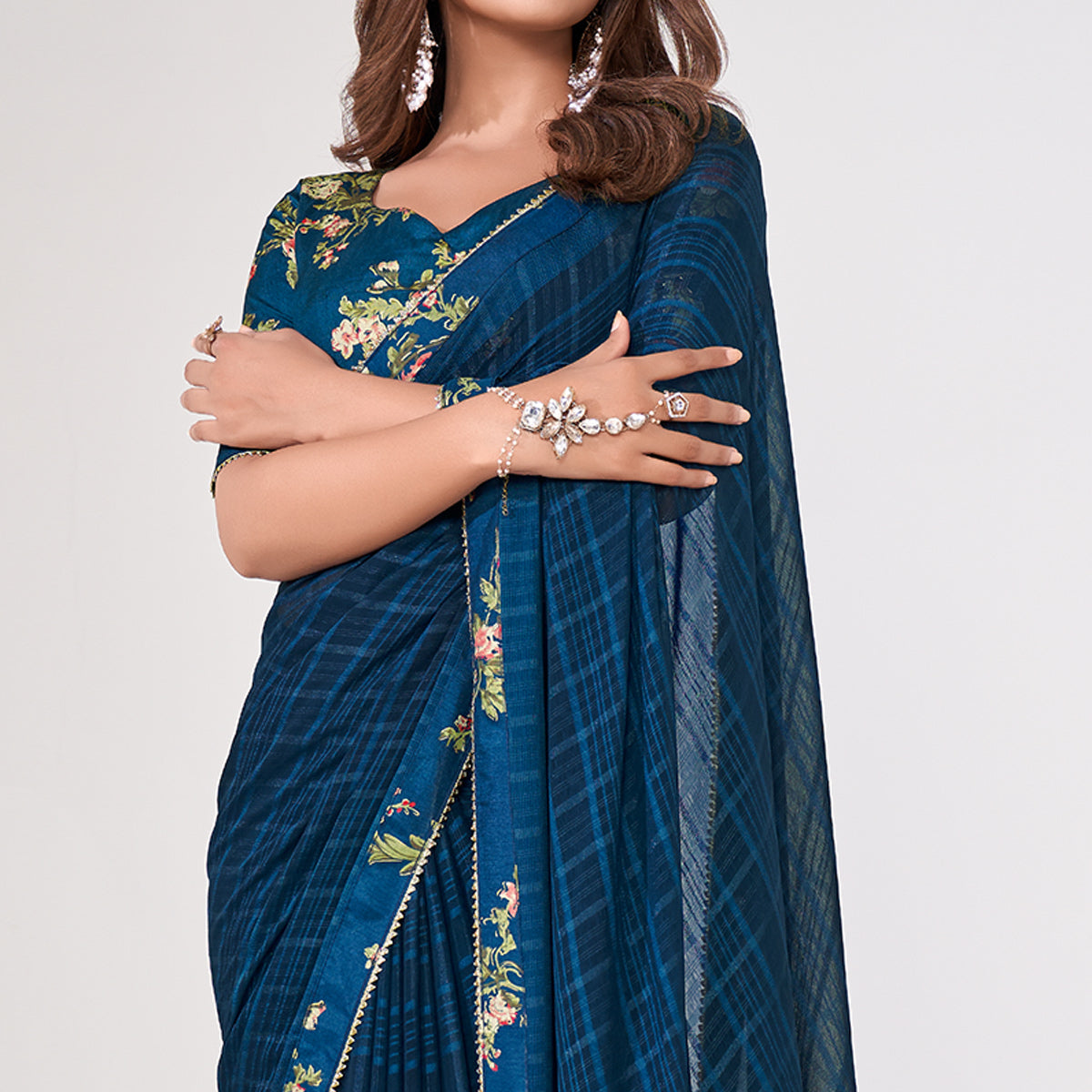 Blue Printed Georgette Saree With Lace Work