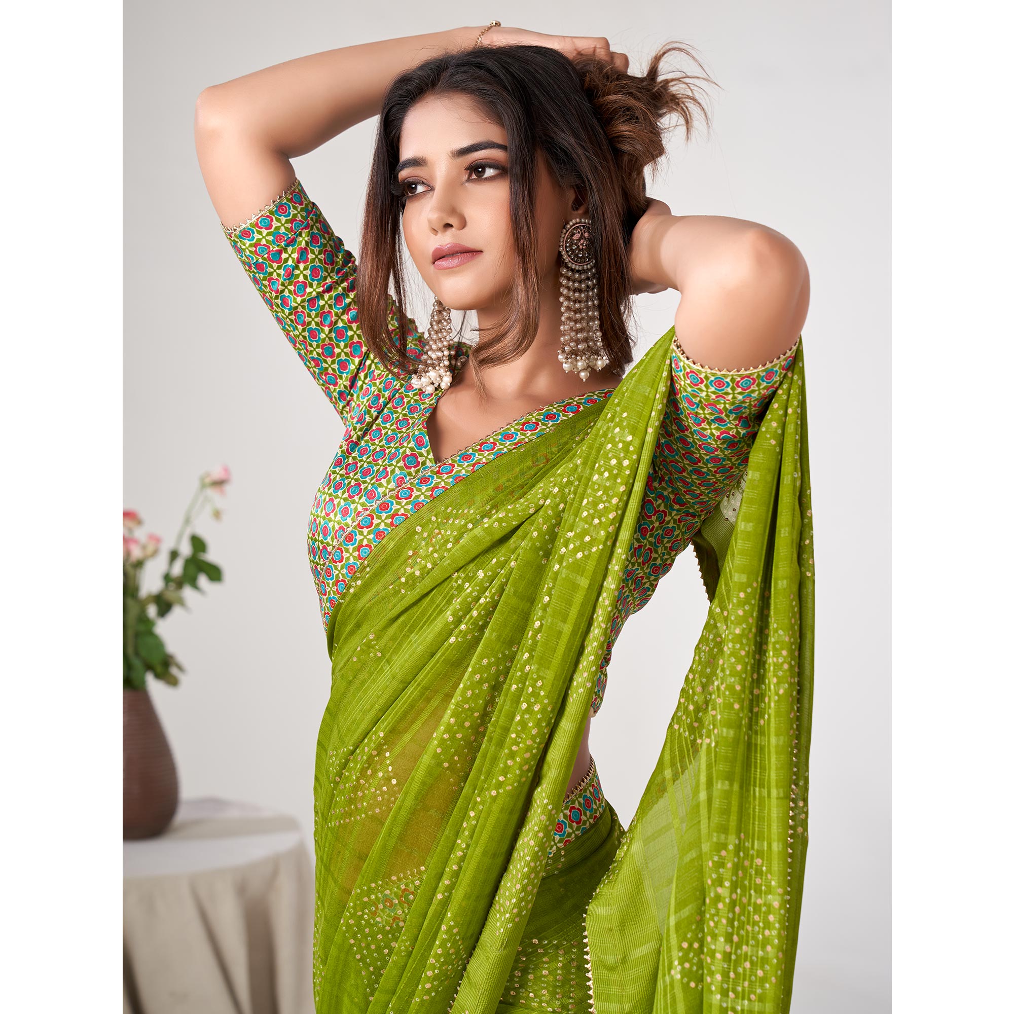 Green Printed Georgette Saree With Lace Work