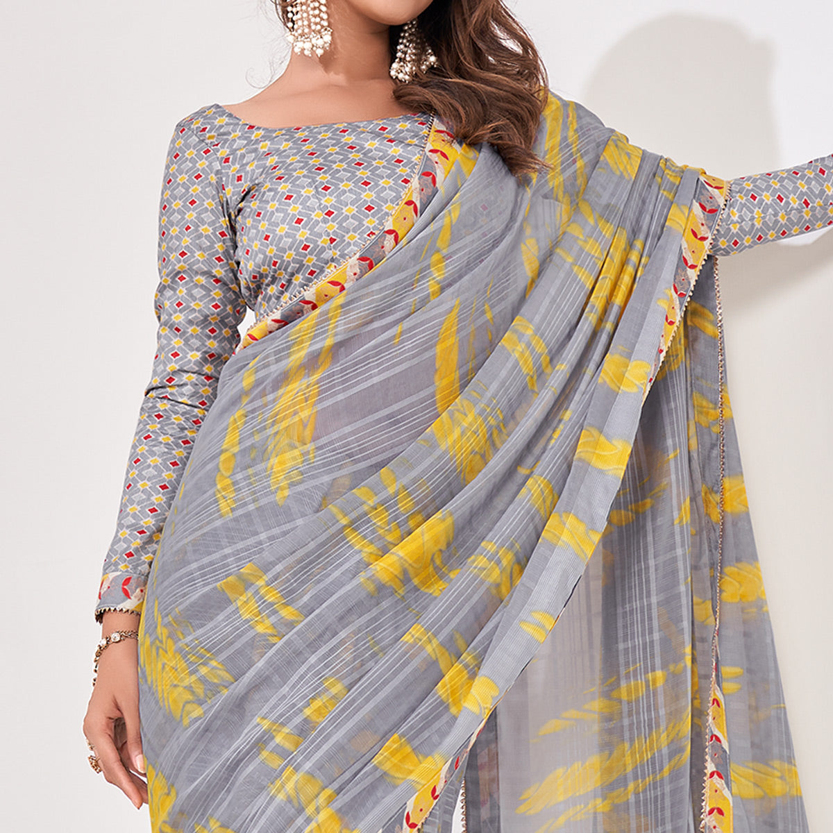 Grey Printed Georgette Saree With Lace Work