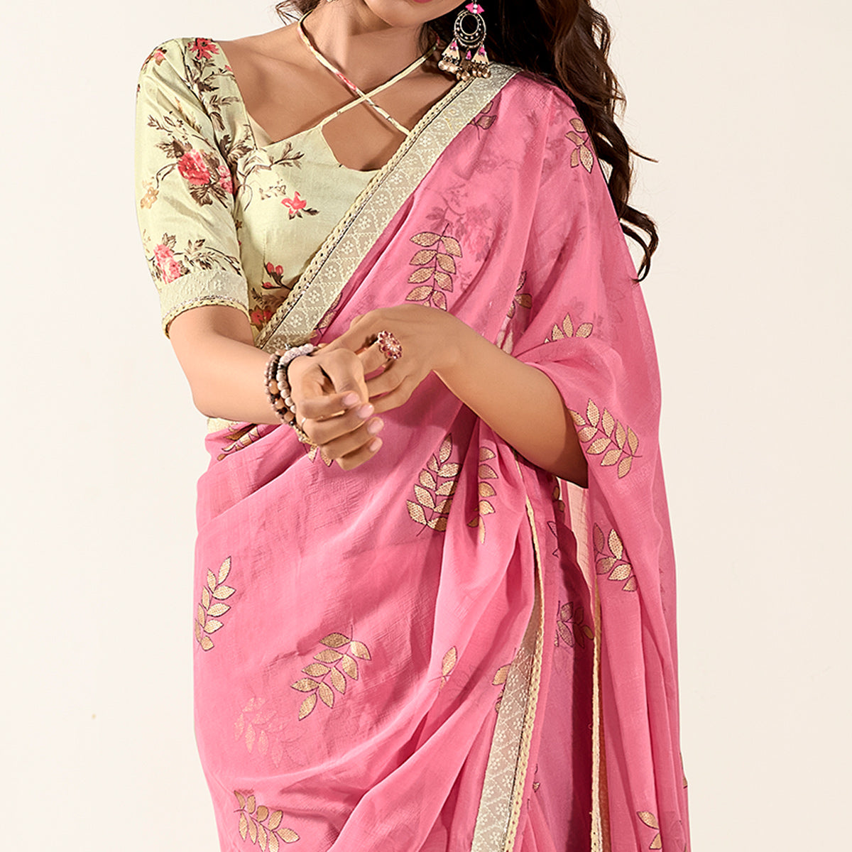 Pink Printed With Woven Georgette Saree With Tassels