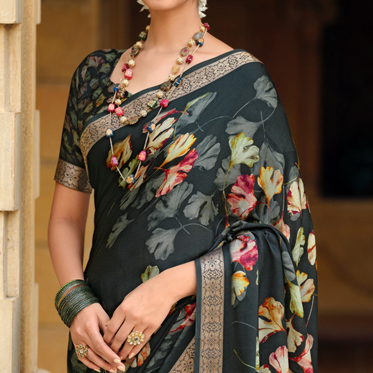 Black Floral Digital Printed Viscose Saree With Zari Border