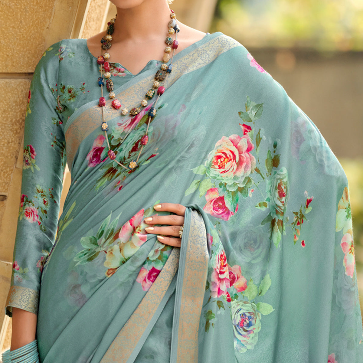 Turquoise Floral Digital Printed Viscose Saree With Zari Border