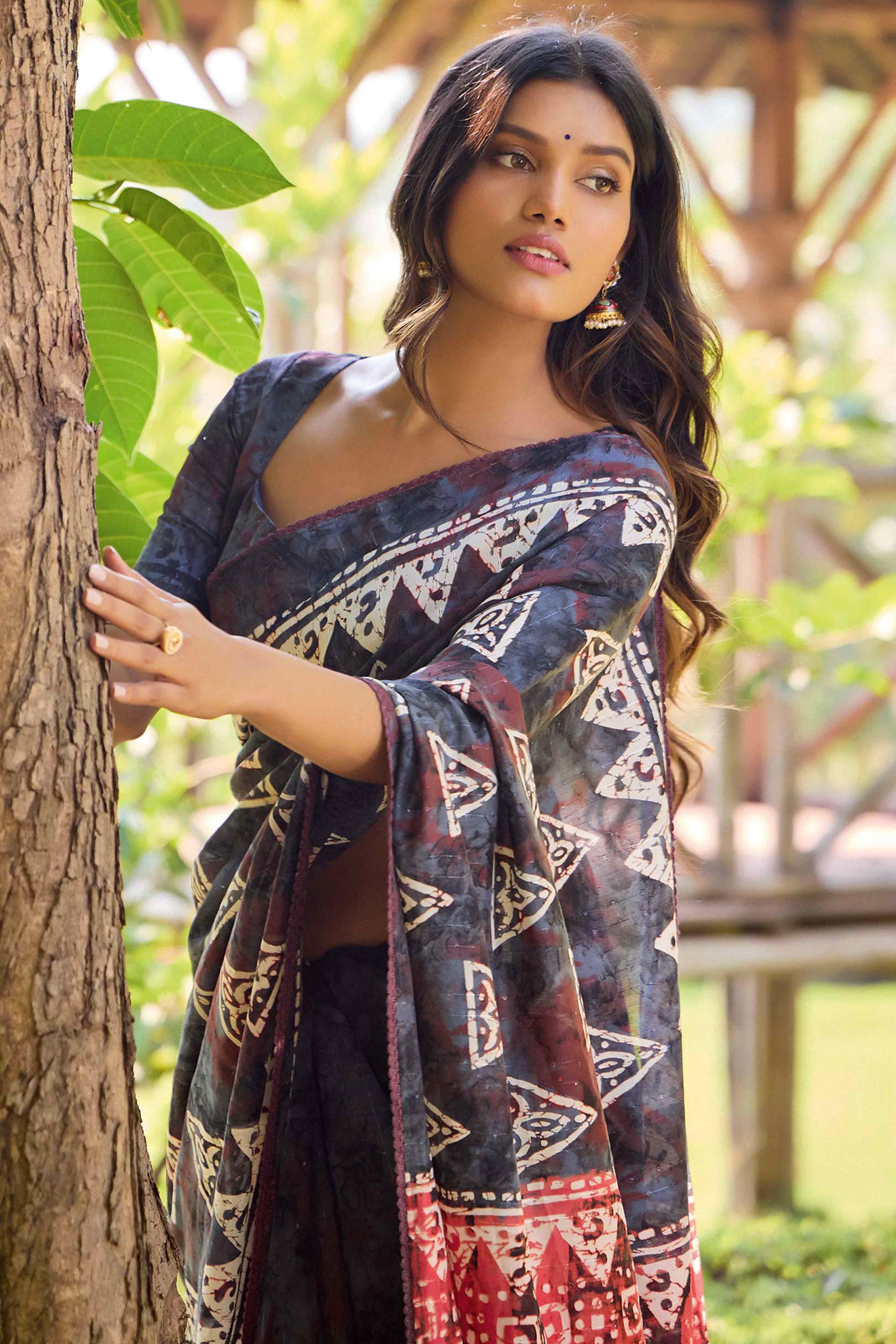 Blue Batik Printed Cotton Silk Saree