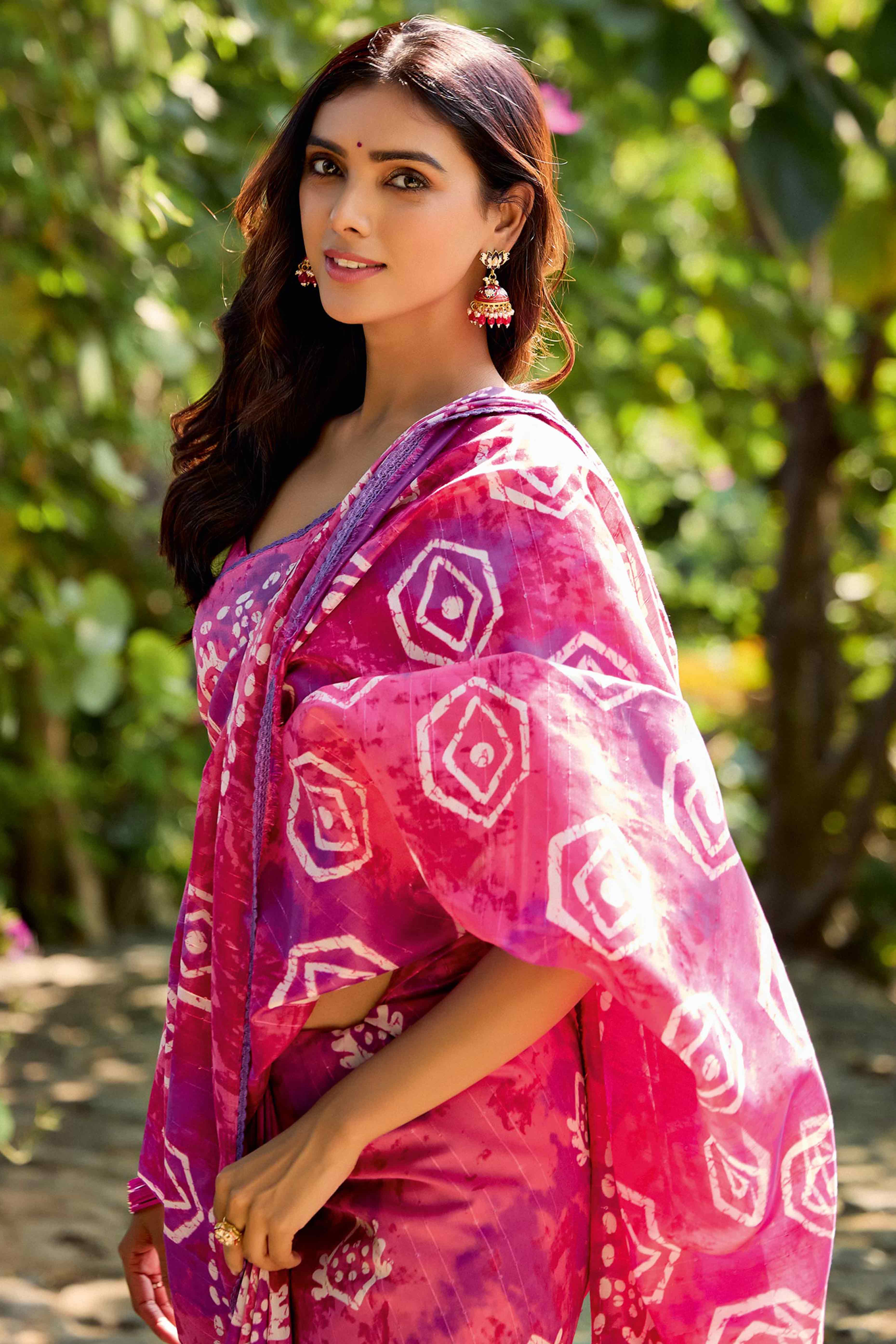Pink Batik Printed Cotton Silk Saree