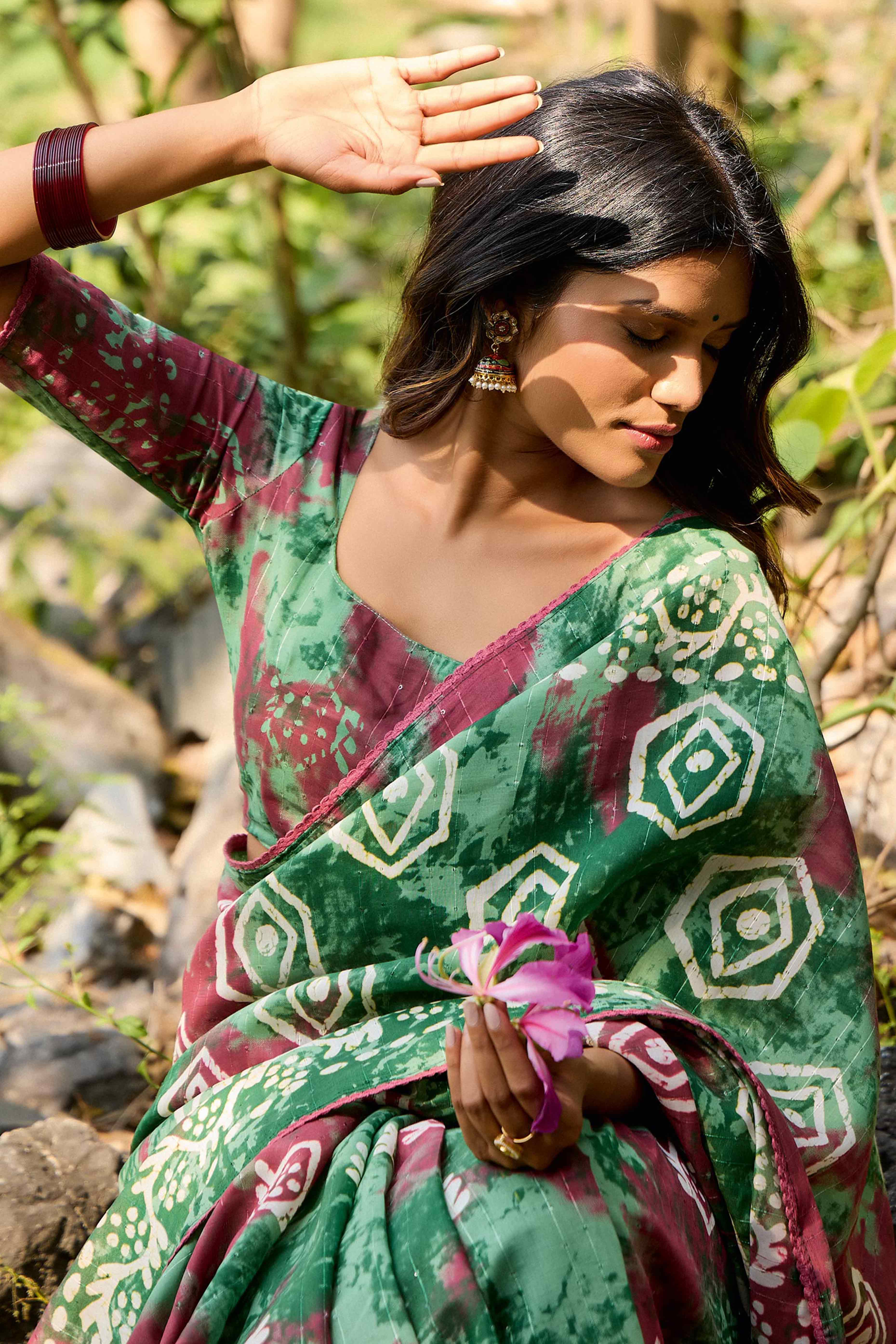 Sea Green Batik Printed Cotton Silk Saree