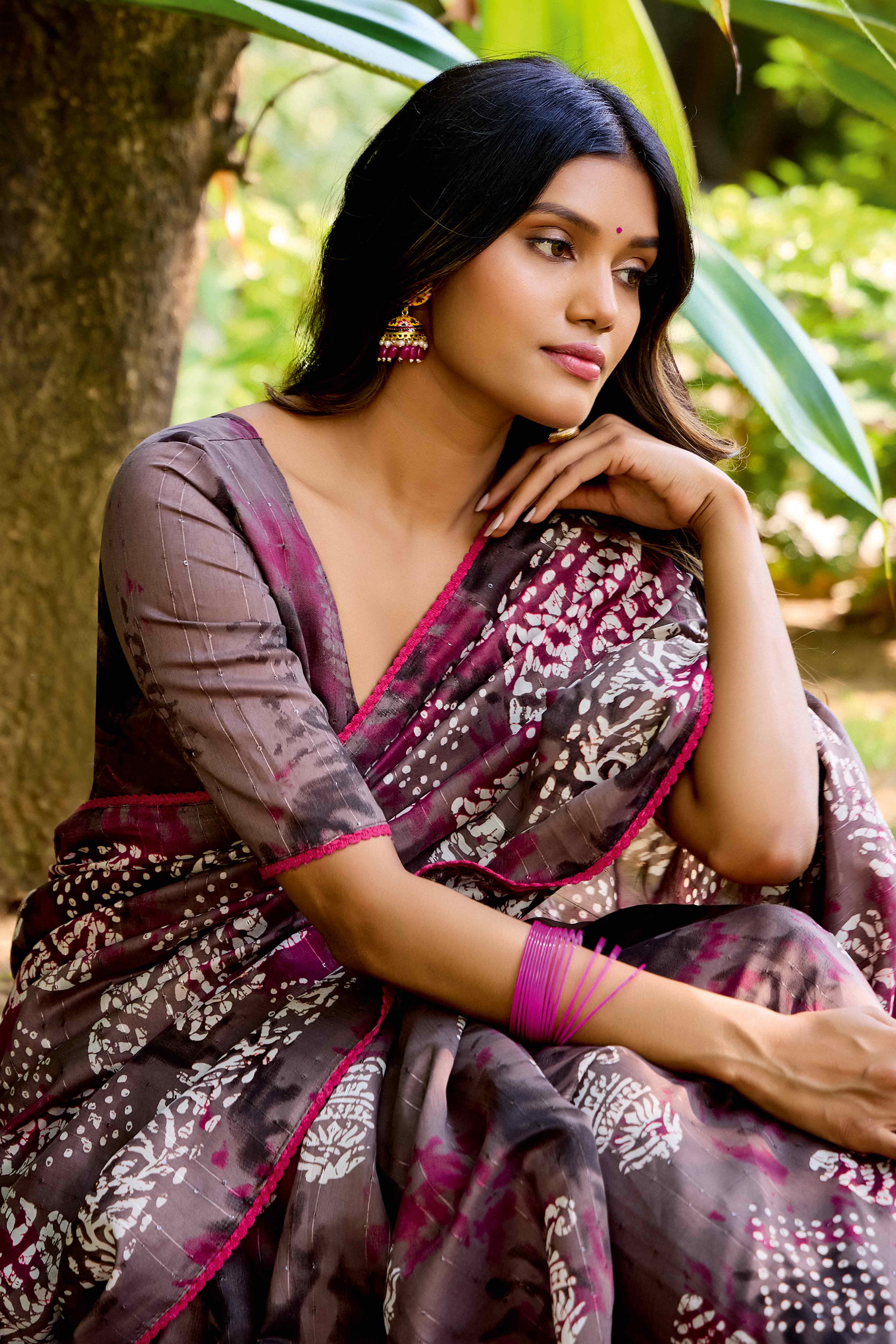 Purple Batik Printed Cotton Silk Saree