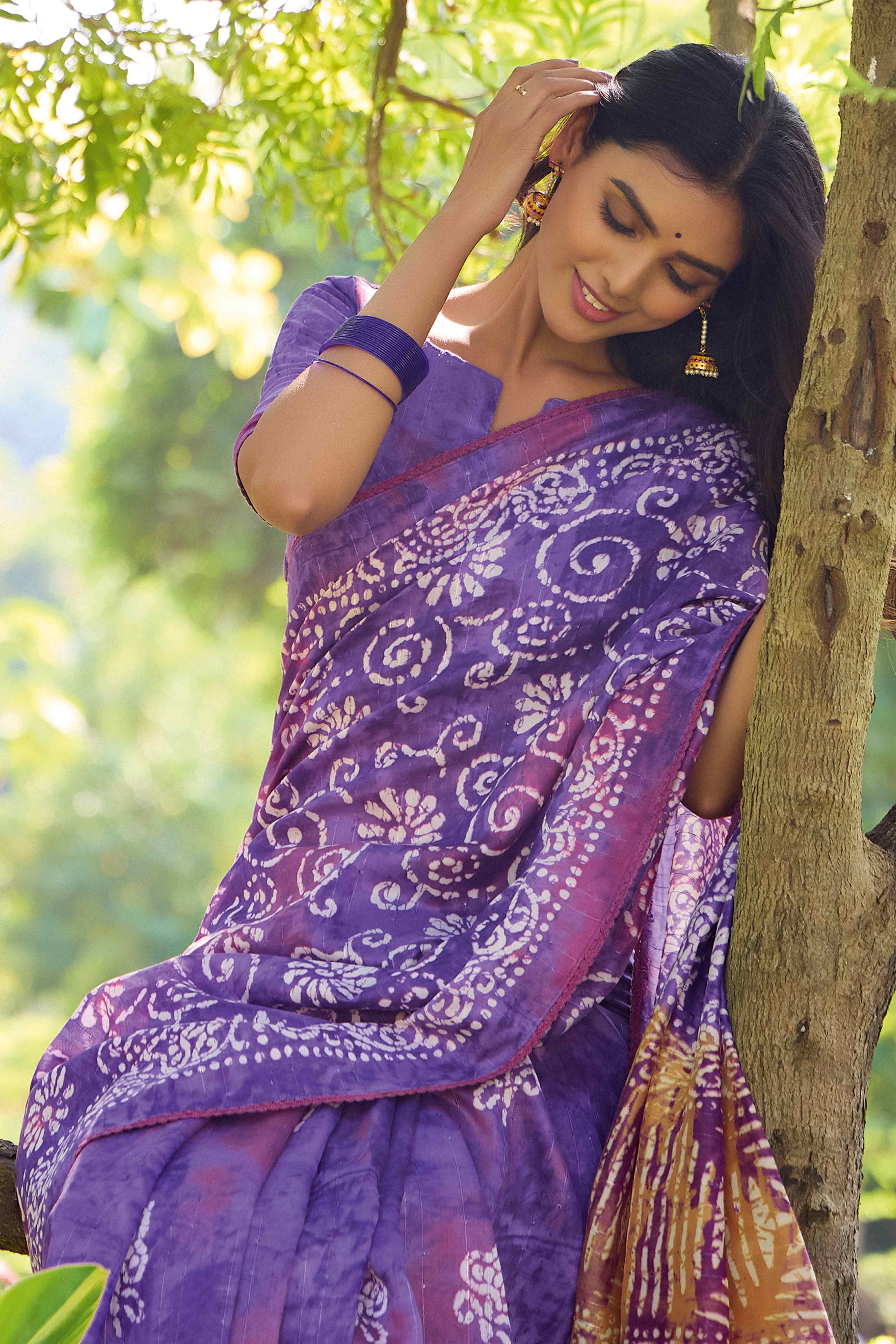 Violet Batik Printed Cotton Silk Saree