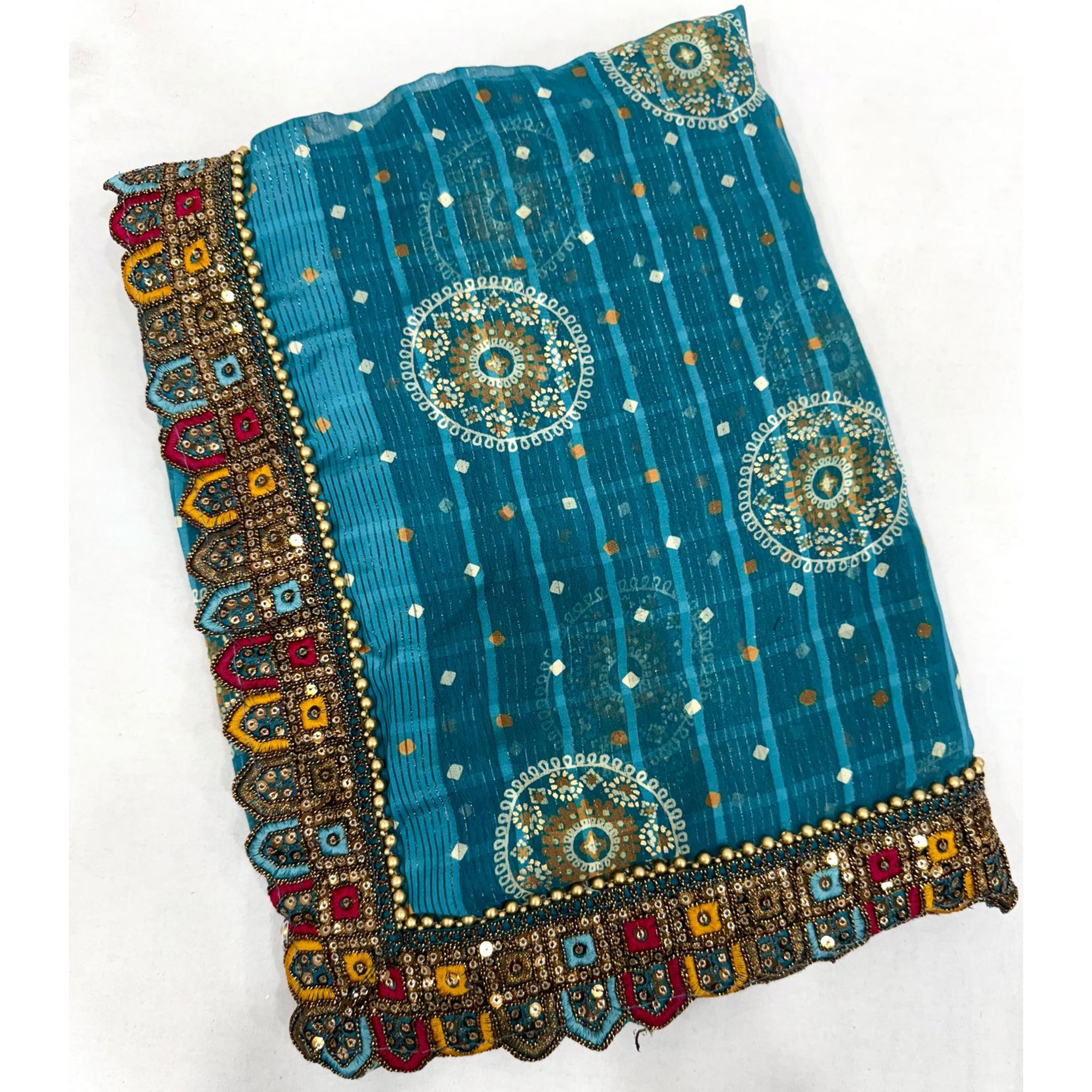 Teal Bandhani Printed Georgette Saree for Festive Wear with Lace Detailing