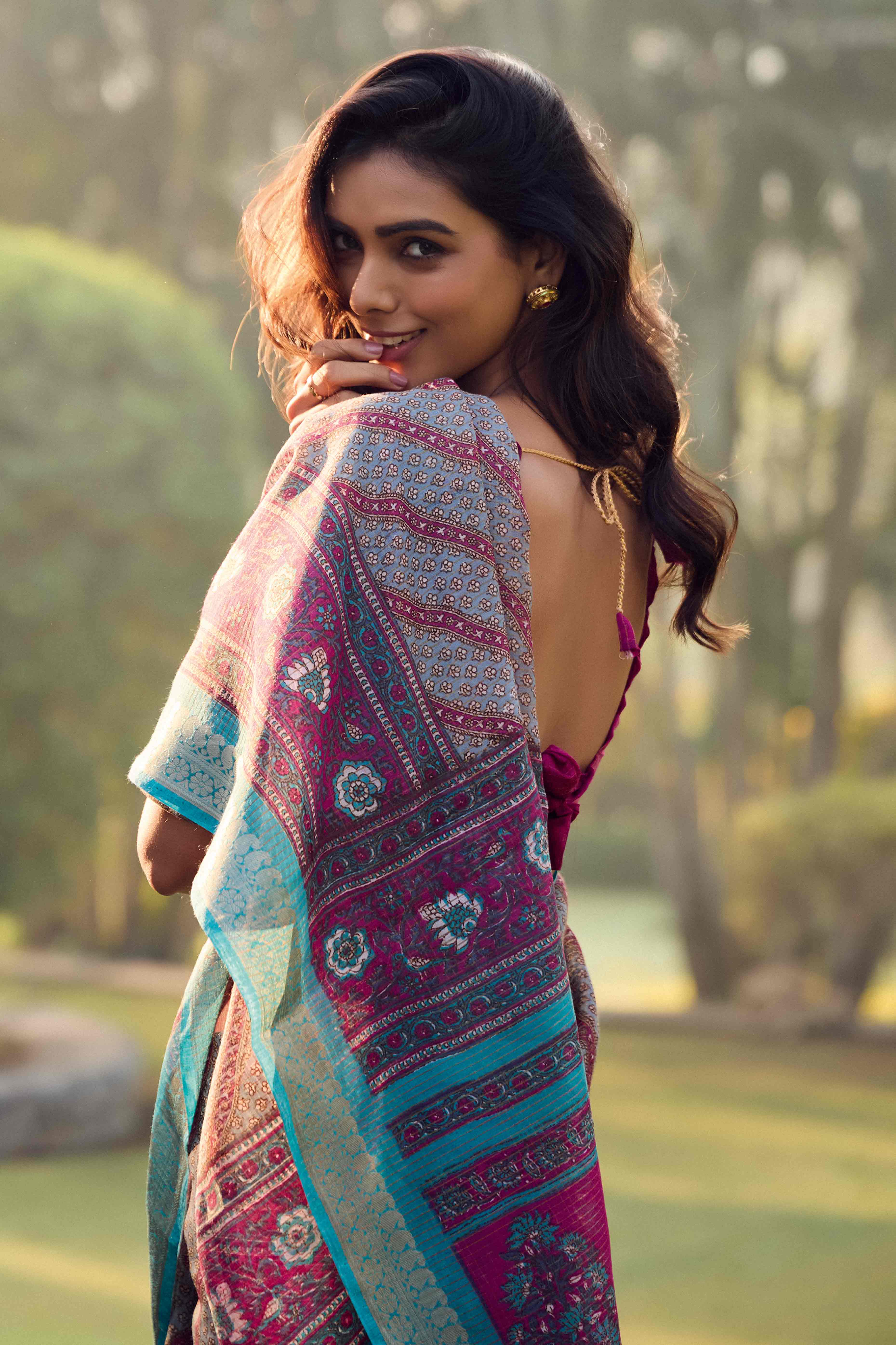 Grey Printed Mulmul Cotton Saree With Jacquard Border