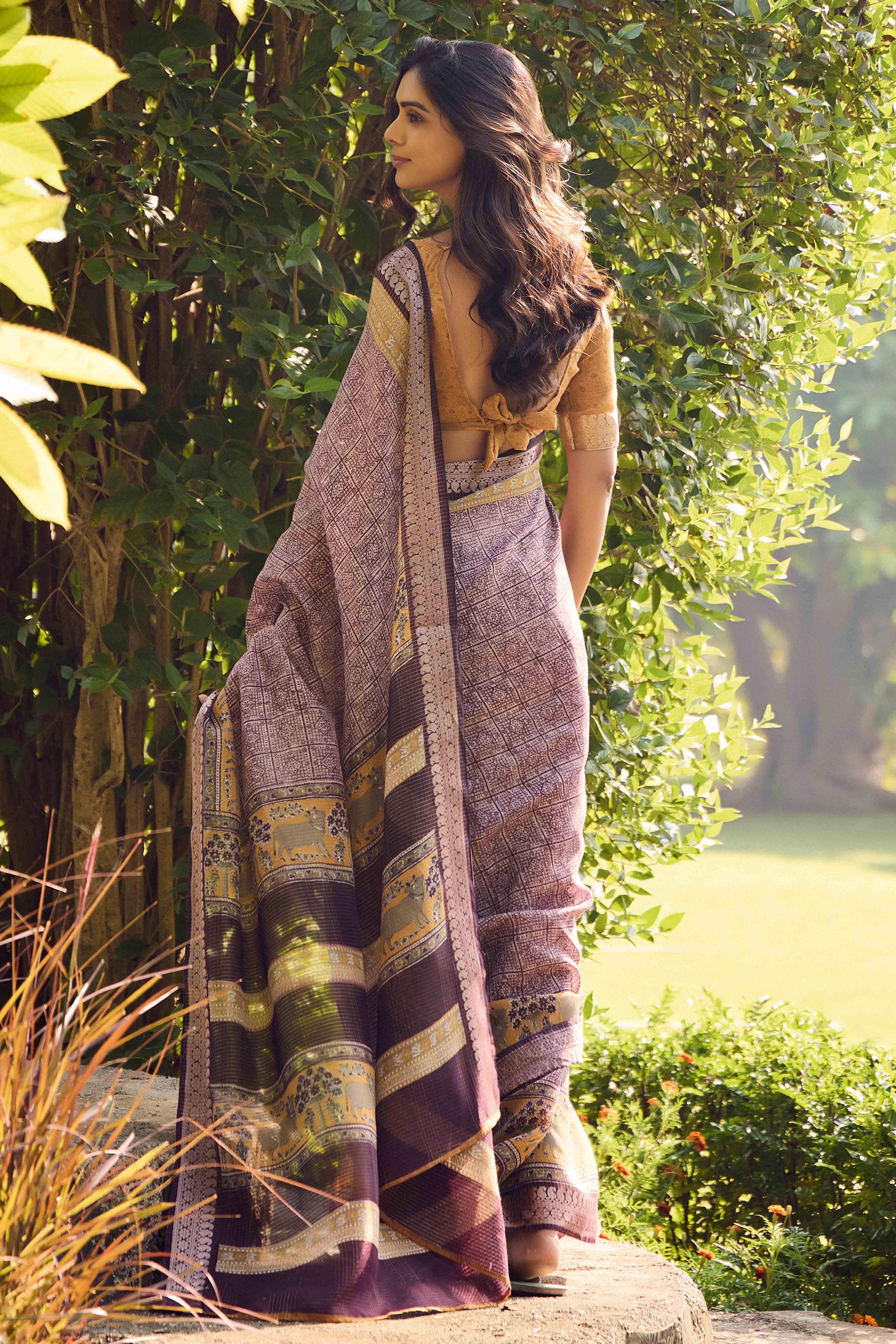Rosy Brown Printed Mulmul Cotton Saree With Jacquard Border