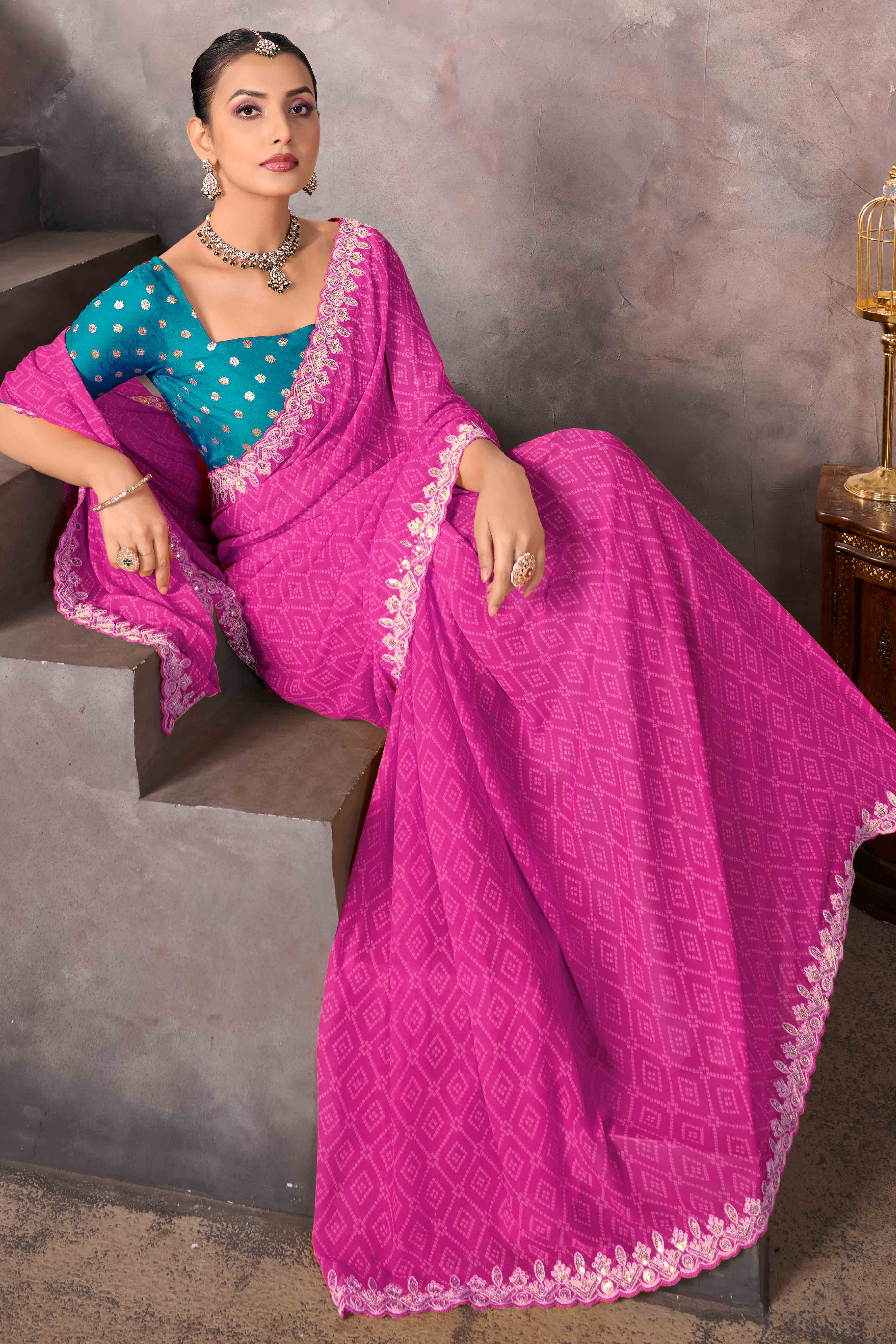 Modern Pink Georgette Saree with Timeless Bandhani Prints