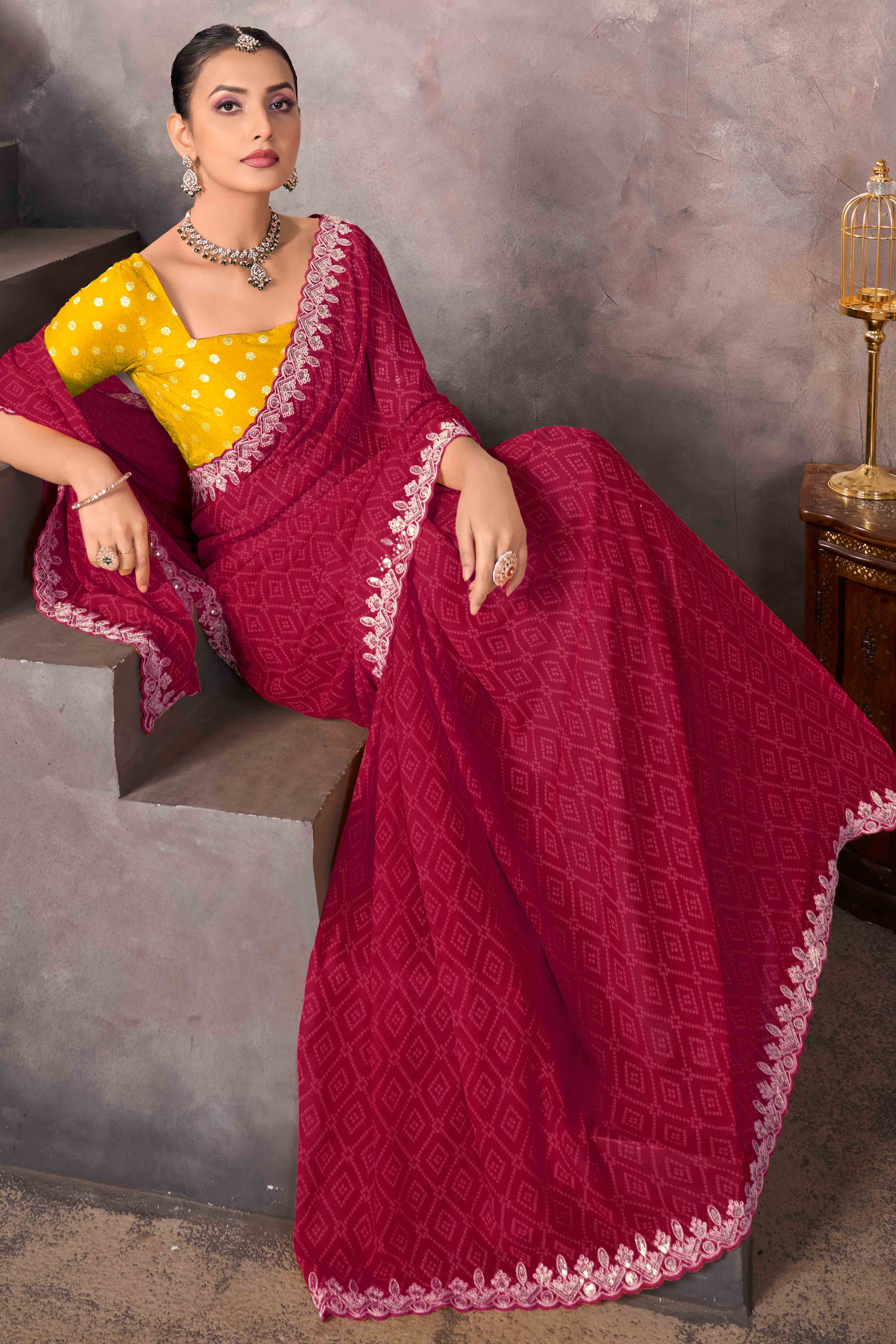 Modern Maroon Georgette Saree with Timeless Bandhani Prints