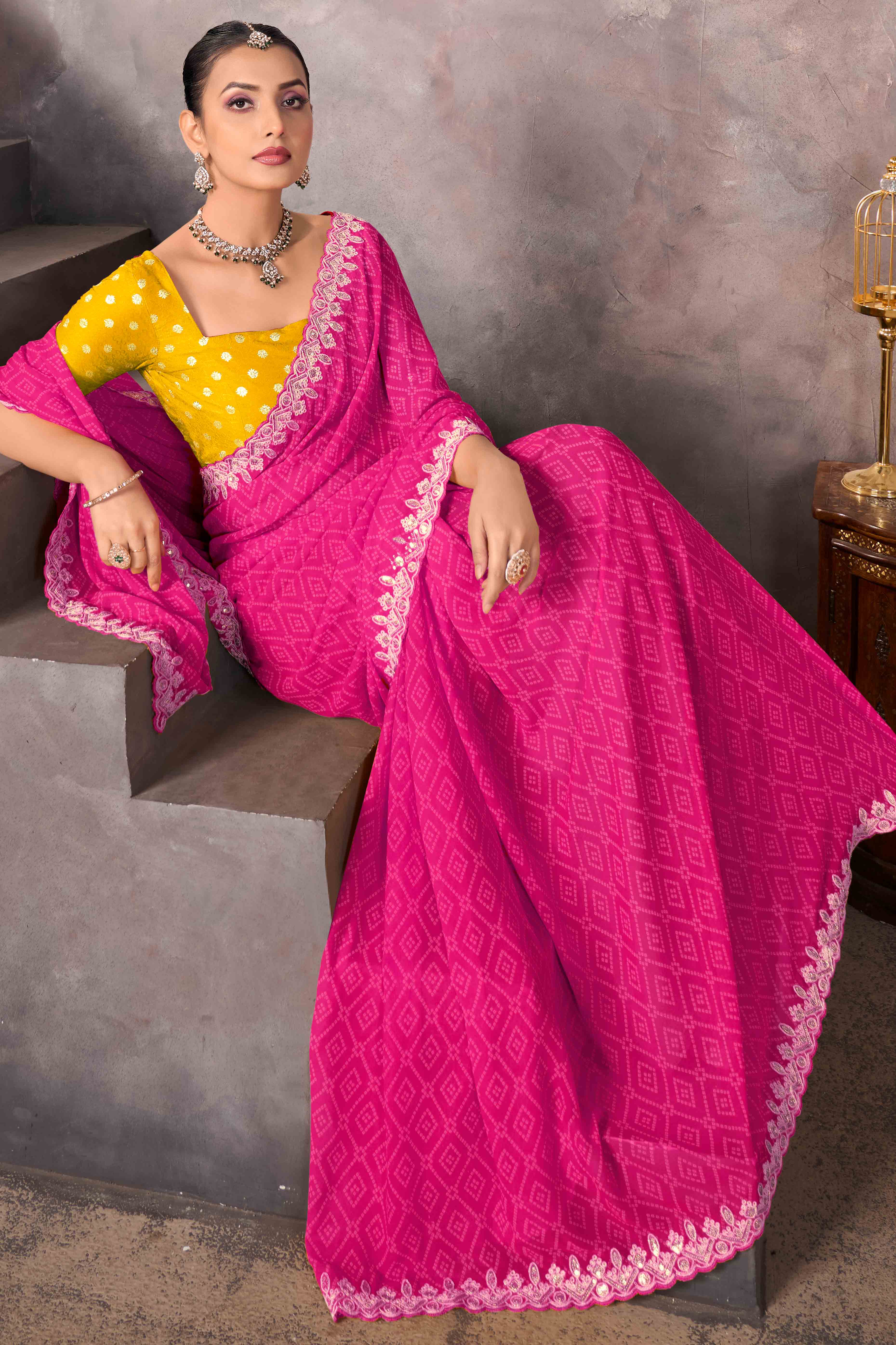 Modern Pink Georgette Saree with Timeless Bandhani Prints