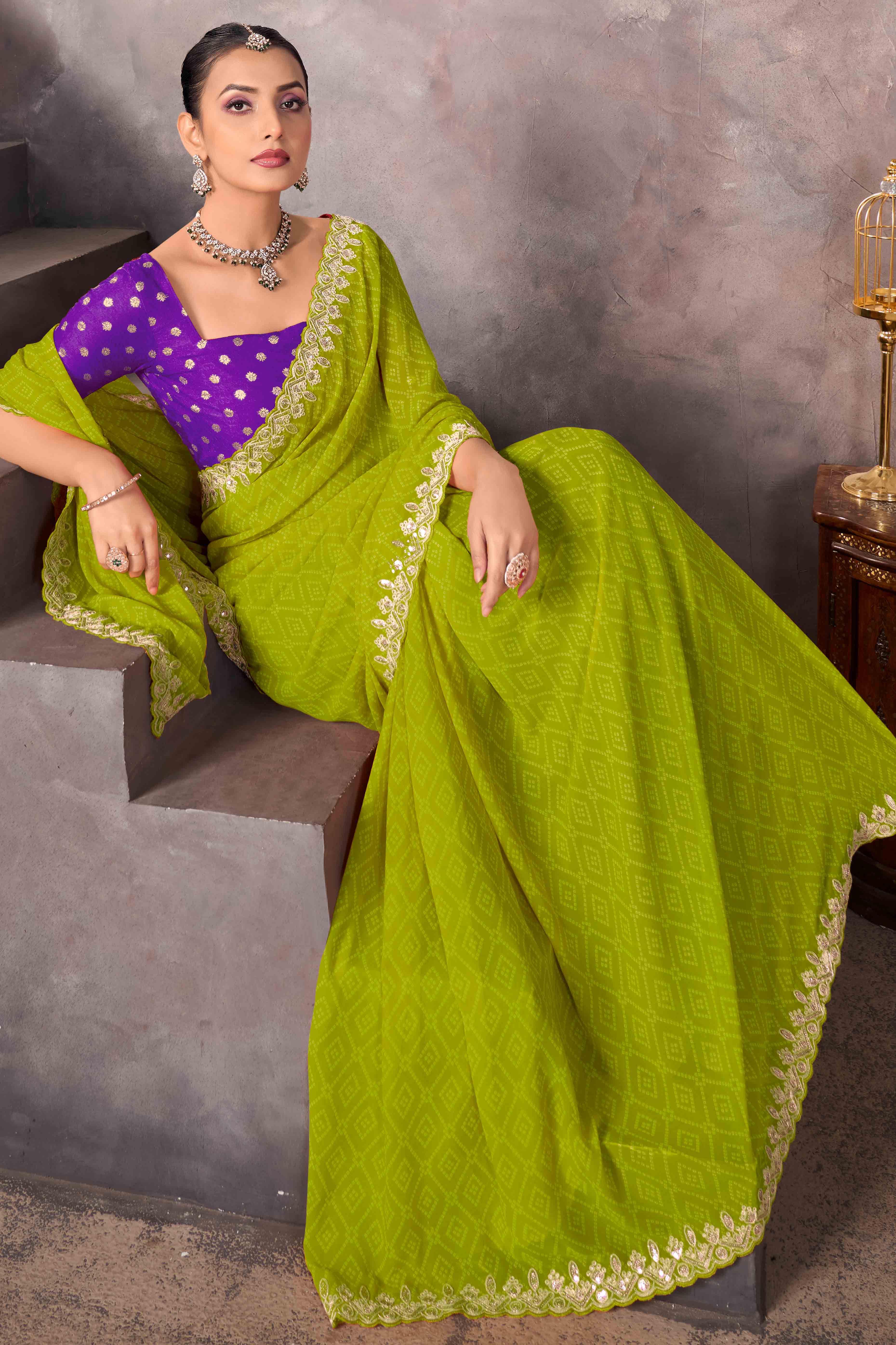 Modern Parrot Green Georgette Saree with Timeless Bandhani Prints