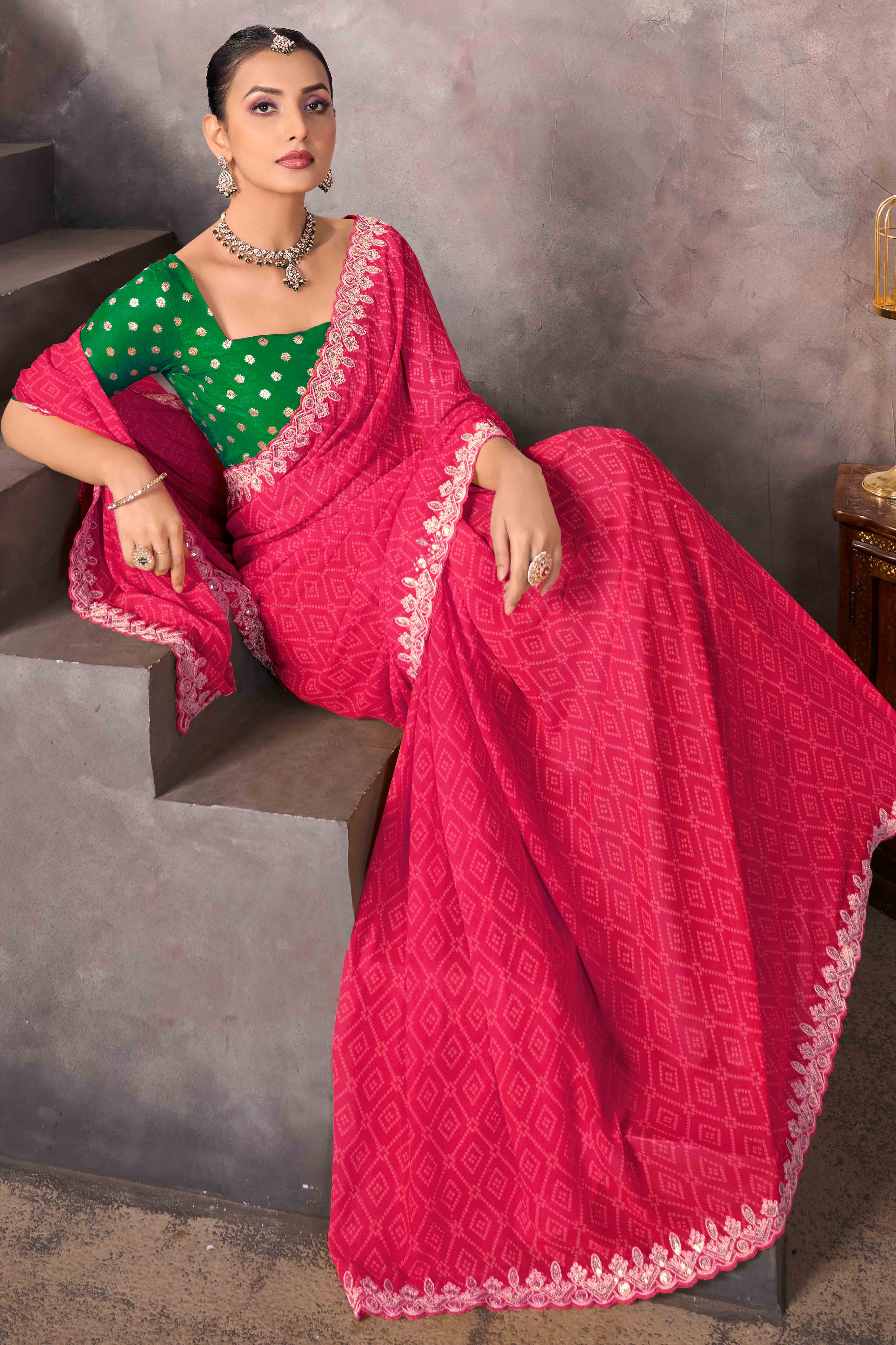 Modern Pink Georgette Saree with Timeless Bandhani Prints
