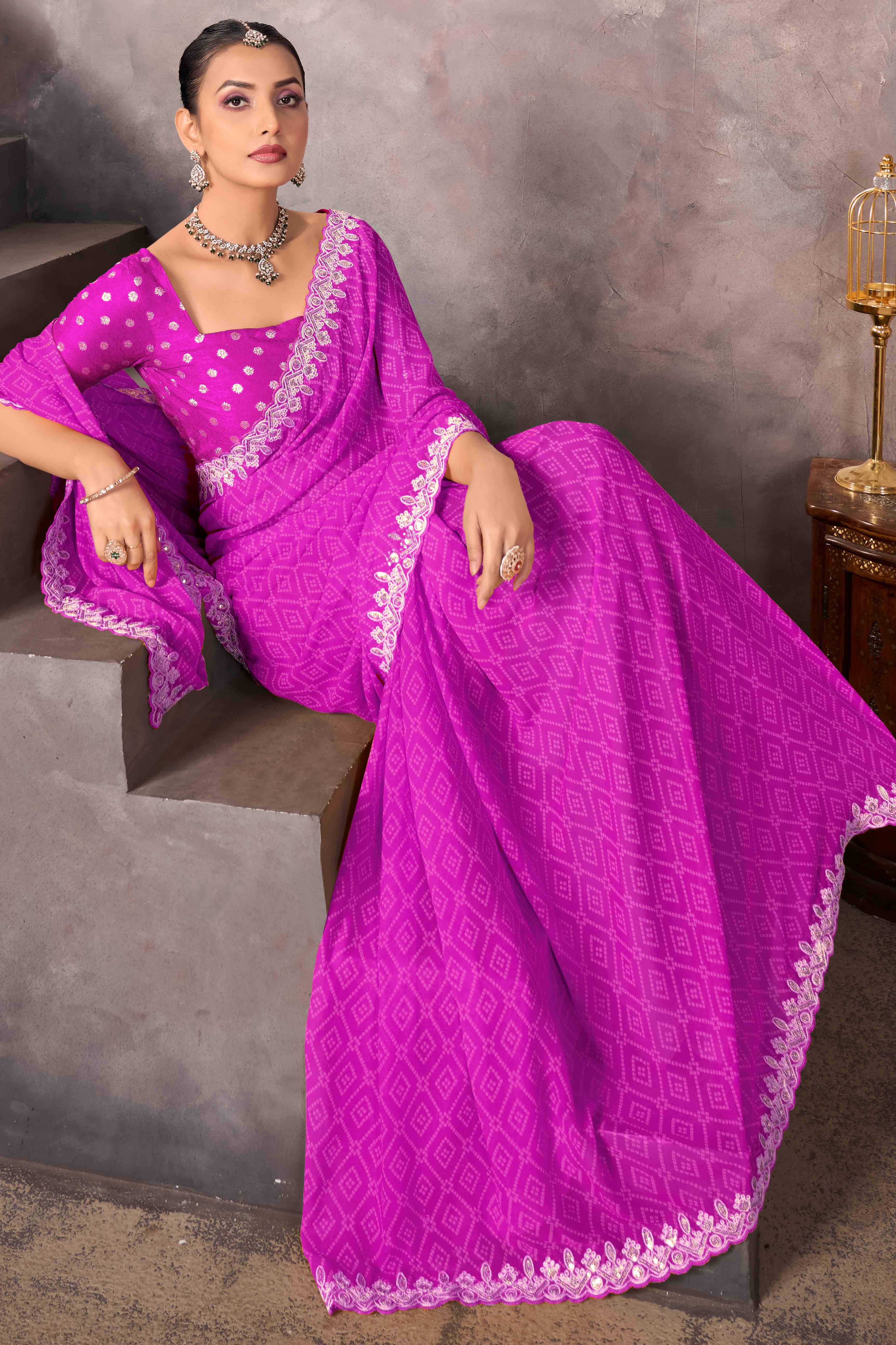 Modern Fuchsia Pink Georgette Saree with Timeless Bandhani Prints