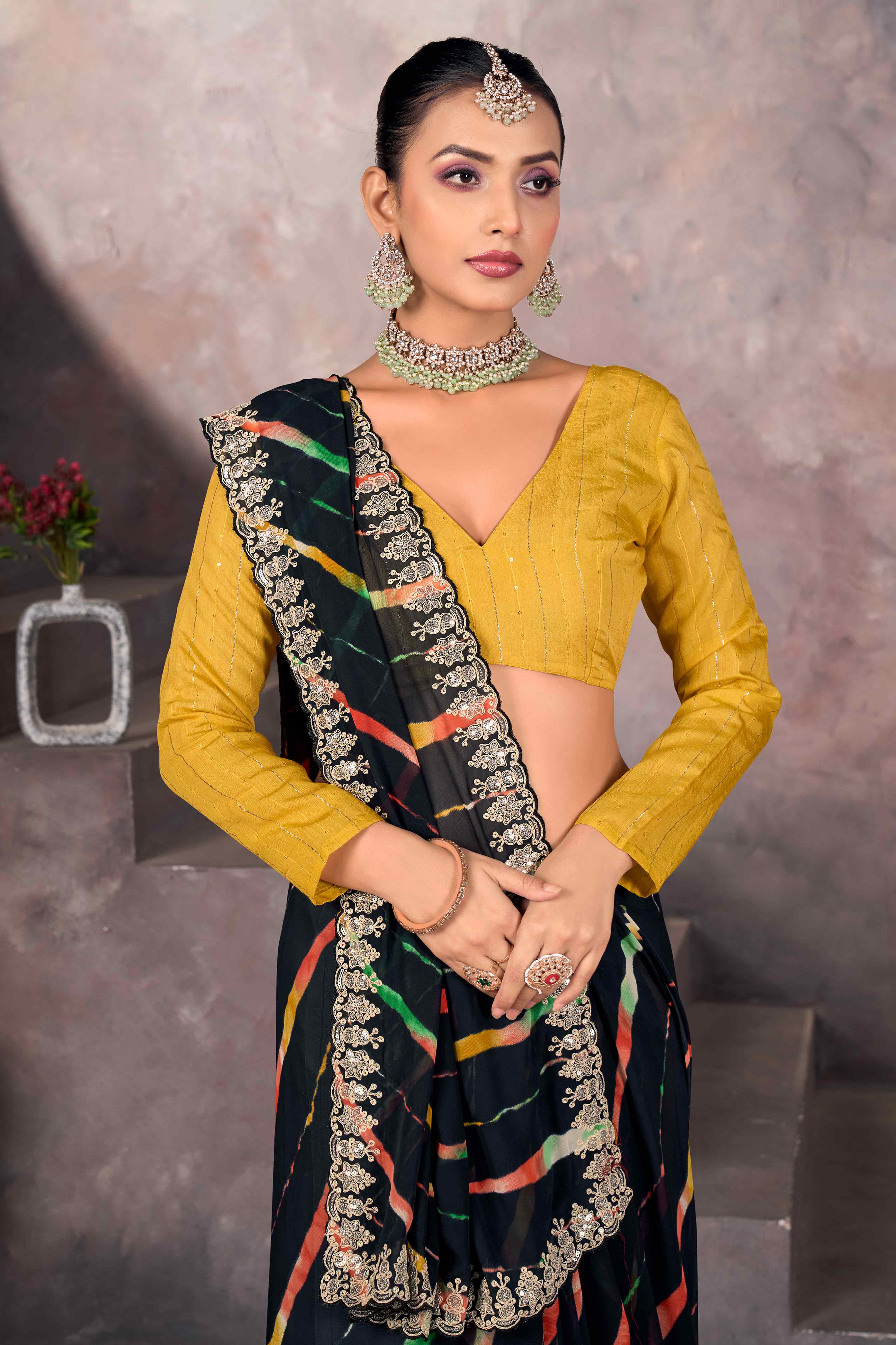 Black Leheriya Printed Georgette Saree