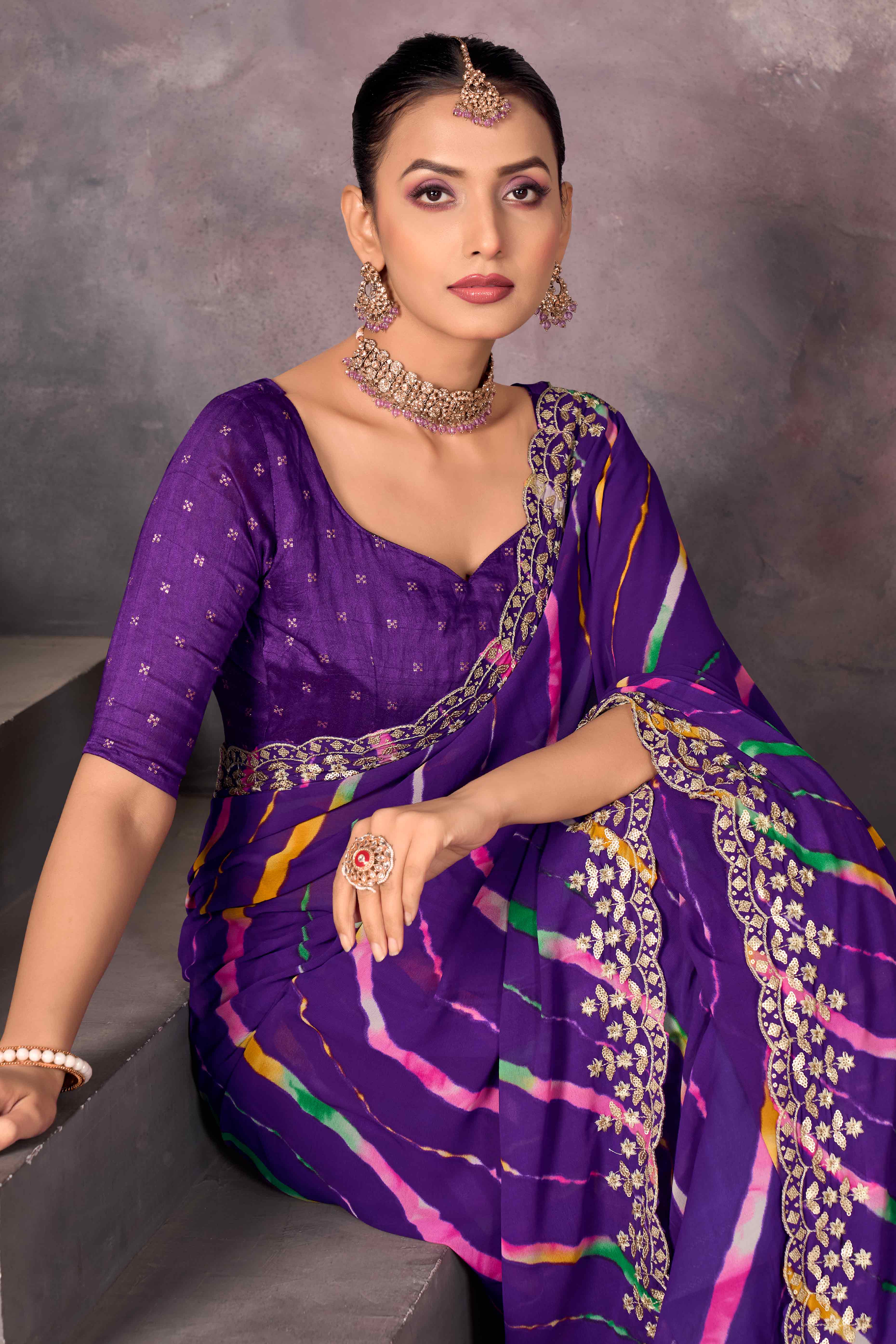 Purple Leheriya Printed Georgette Saree