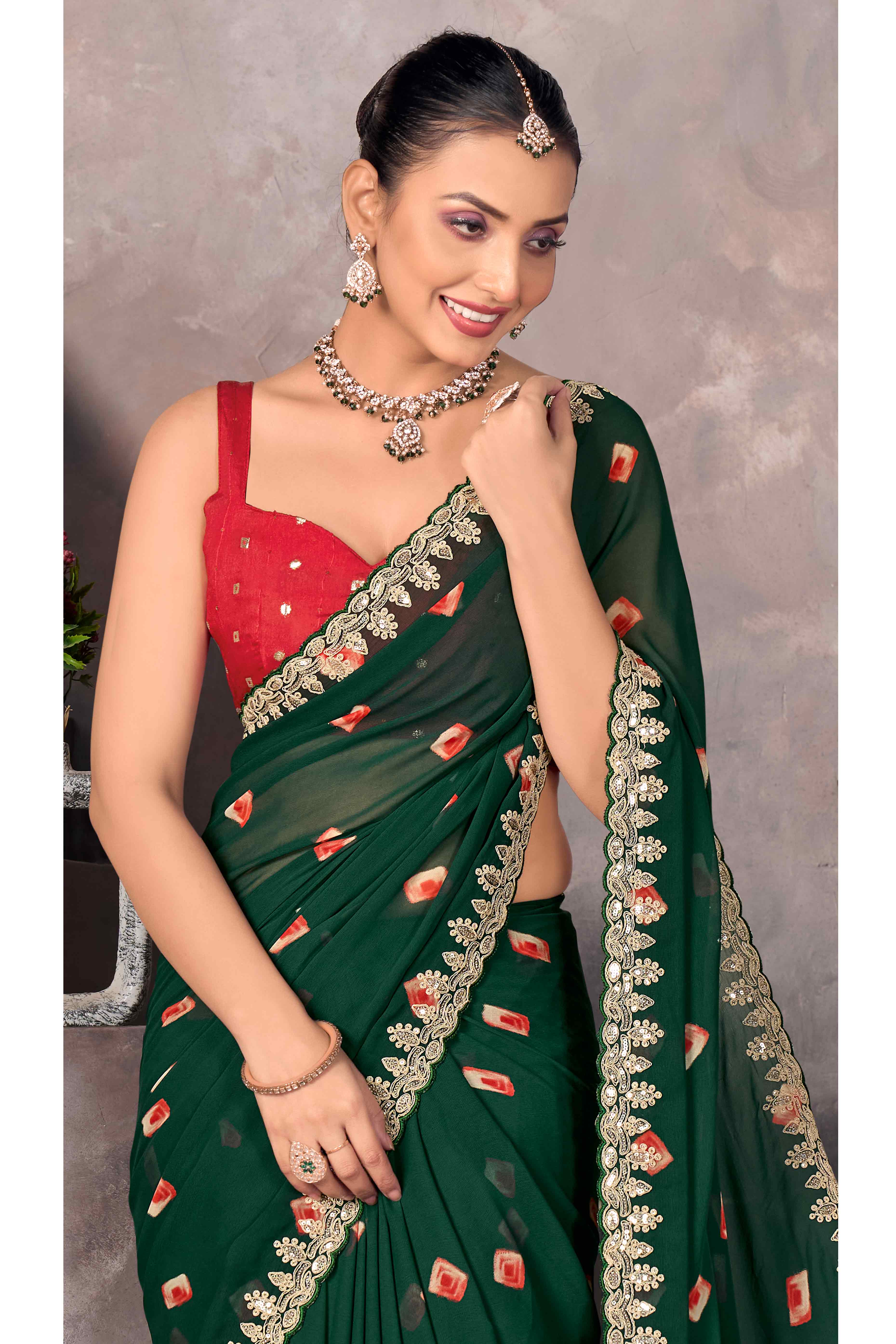 Green Bandhani Printed Georgette Saree
