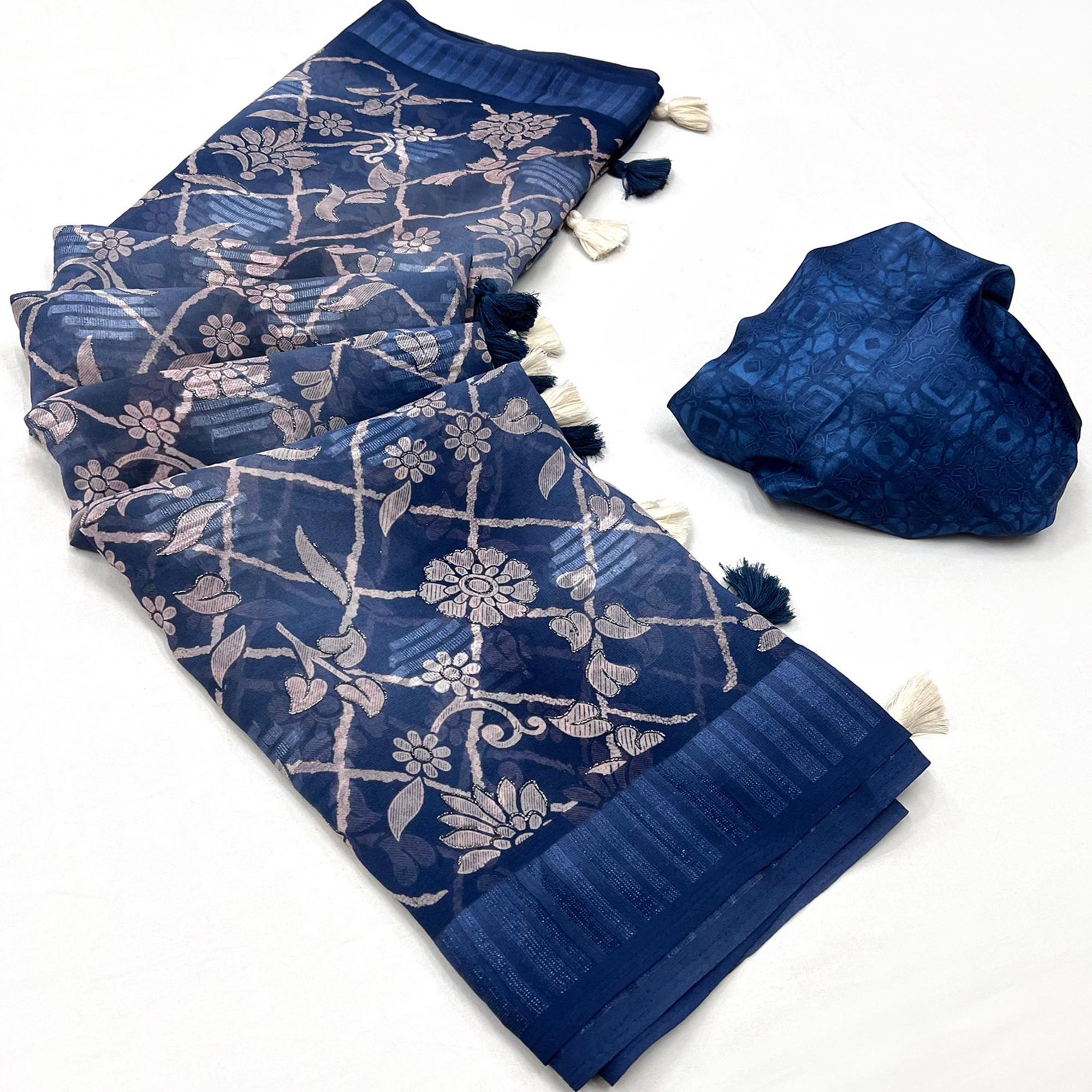 Blue Floral Foil Printed Georgette Saree With Tassels