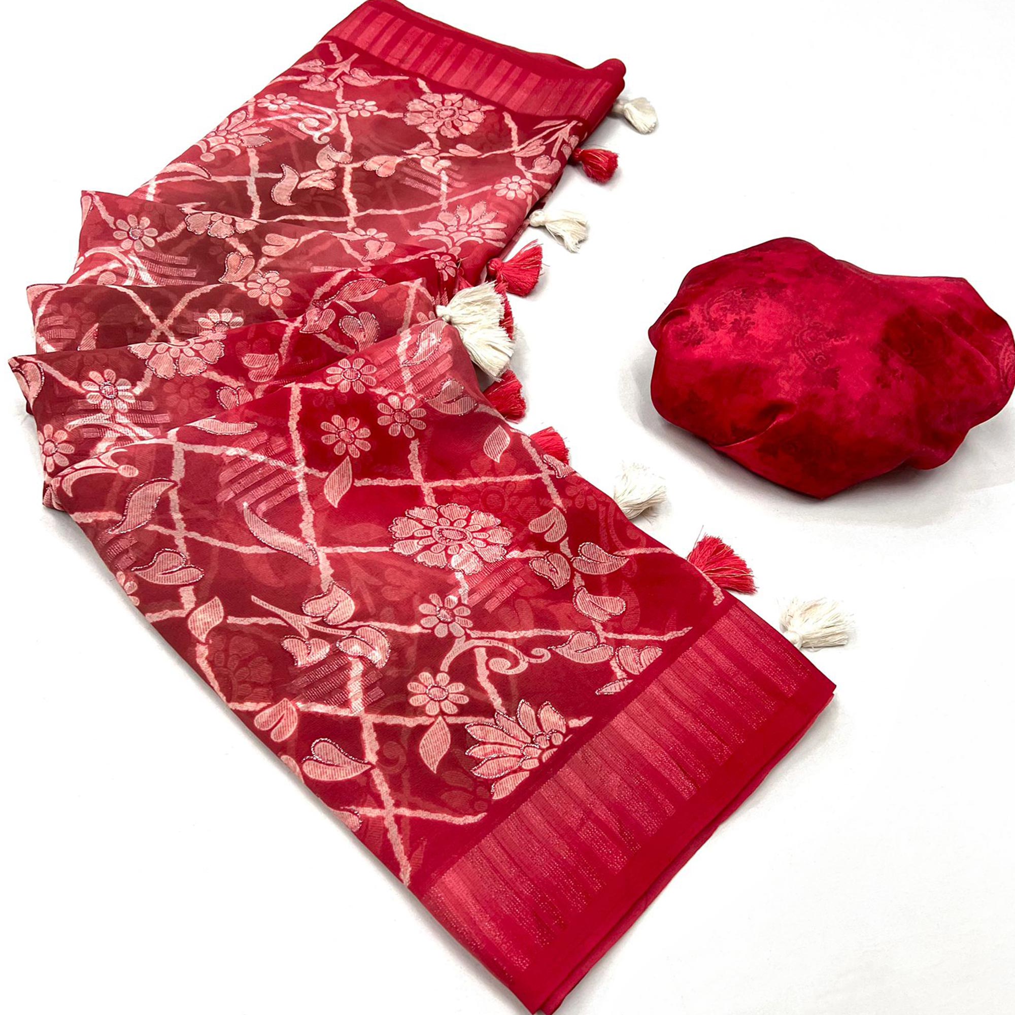 Red Floral Foil Printed Georgette Saree With Tassels