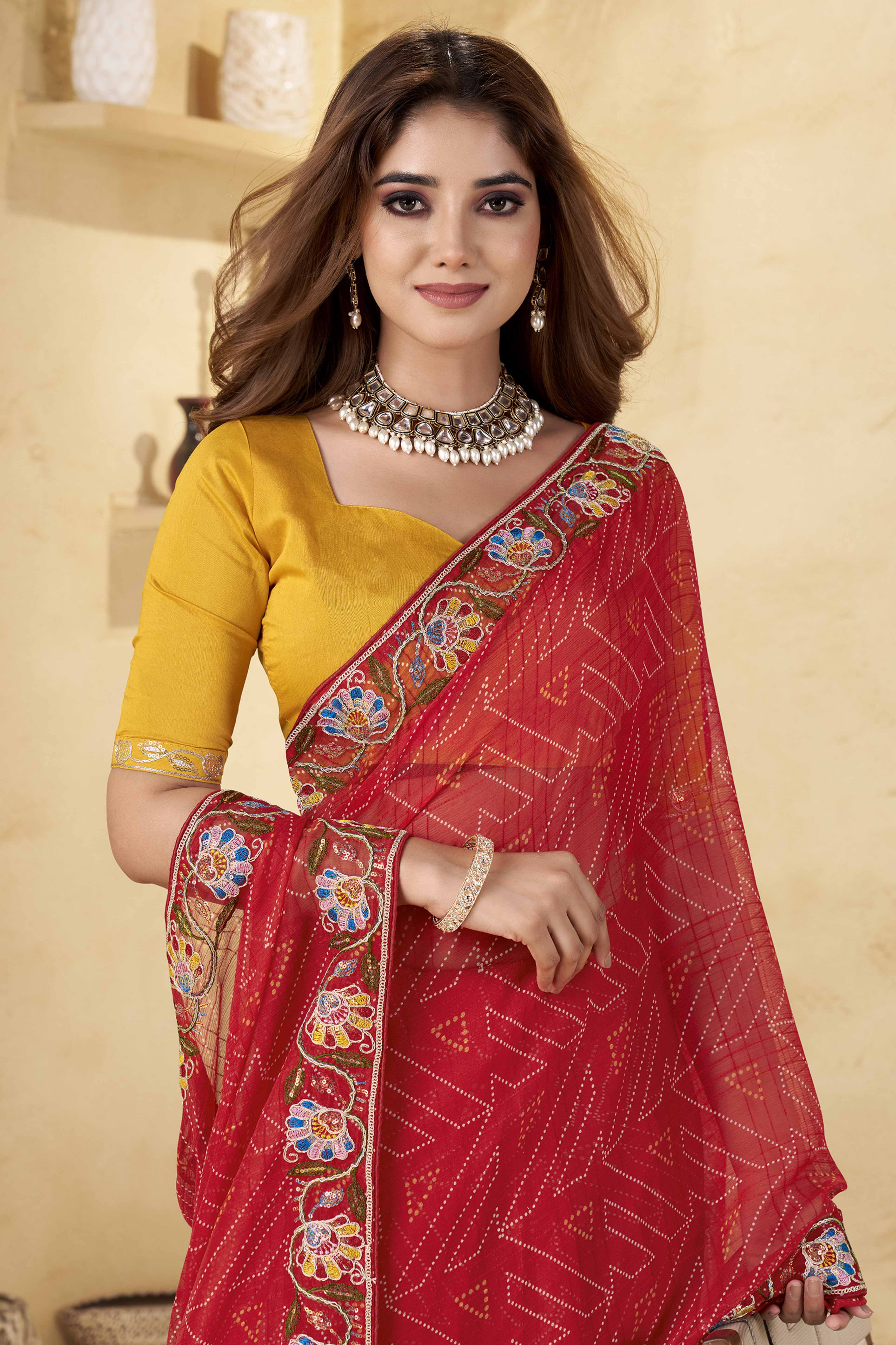 Red Geometric Printed Chiffon Saree Accented With Floral Sequins Embroidered Border Work