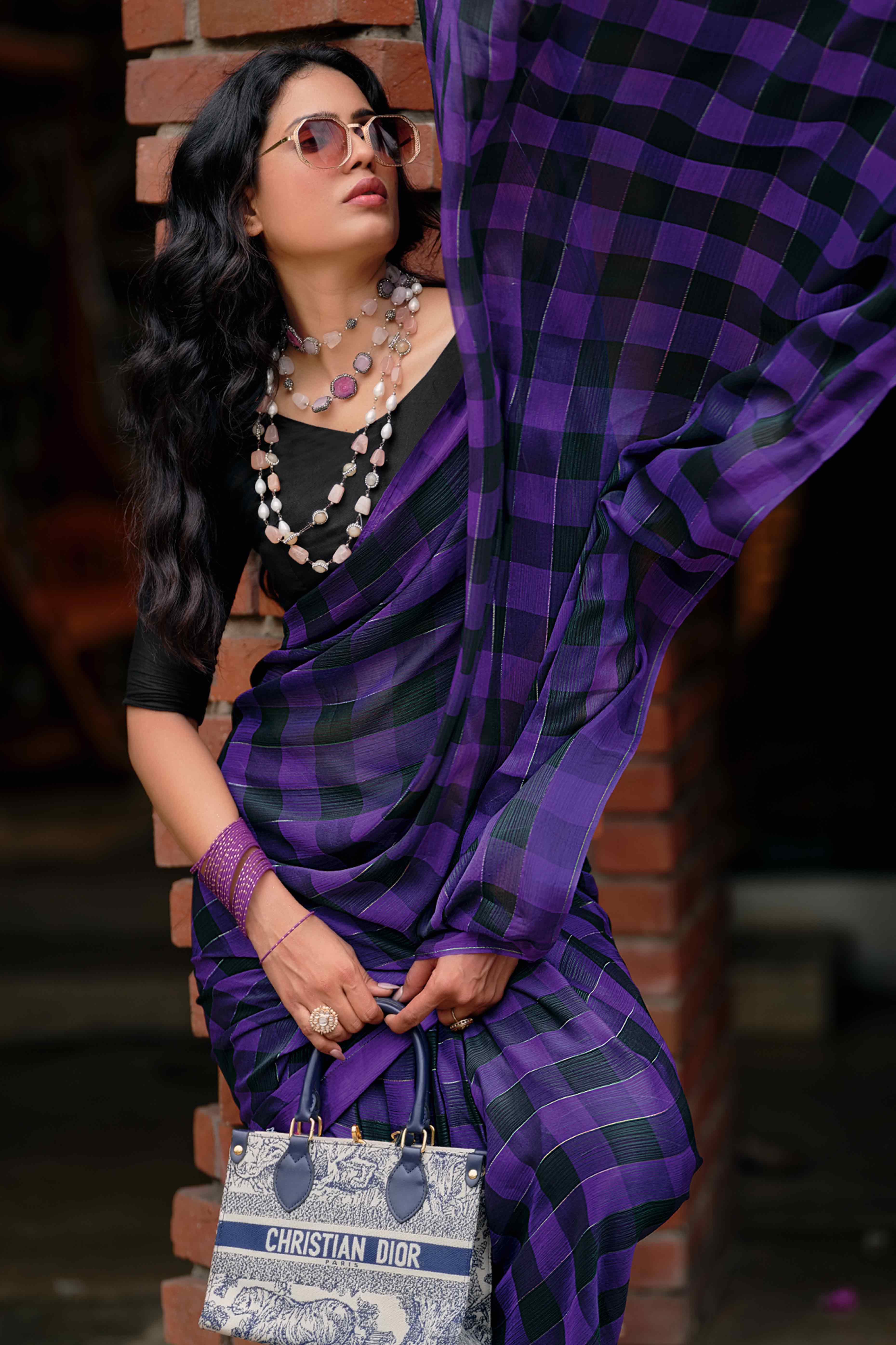 Purple With Intricate Black Weaving Checks Georgette Saree