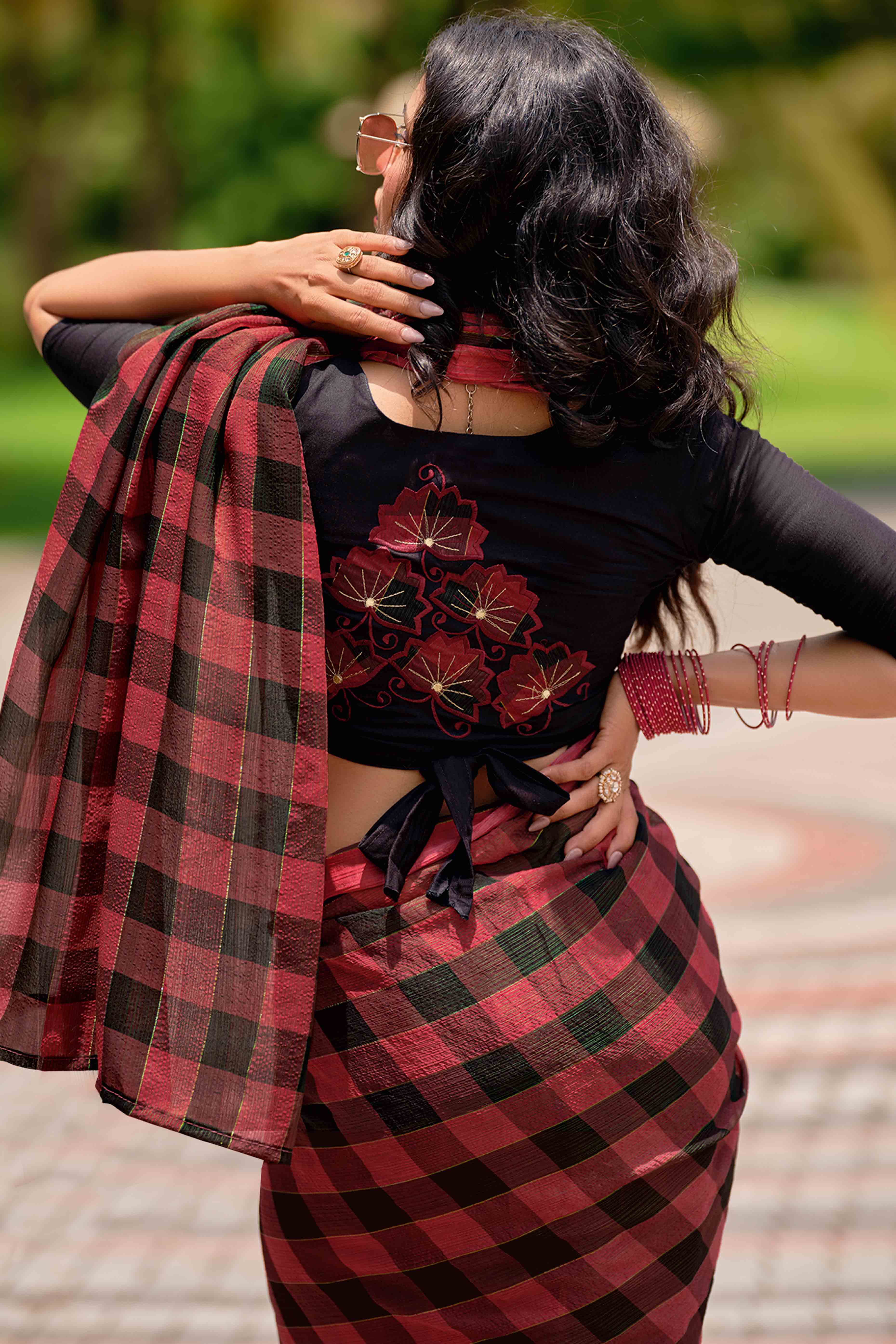 Rusty Red With Intricate Black Weaving Checks Georgette Saree