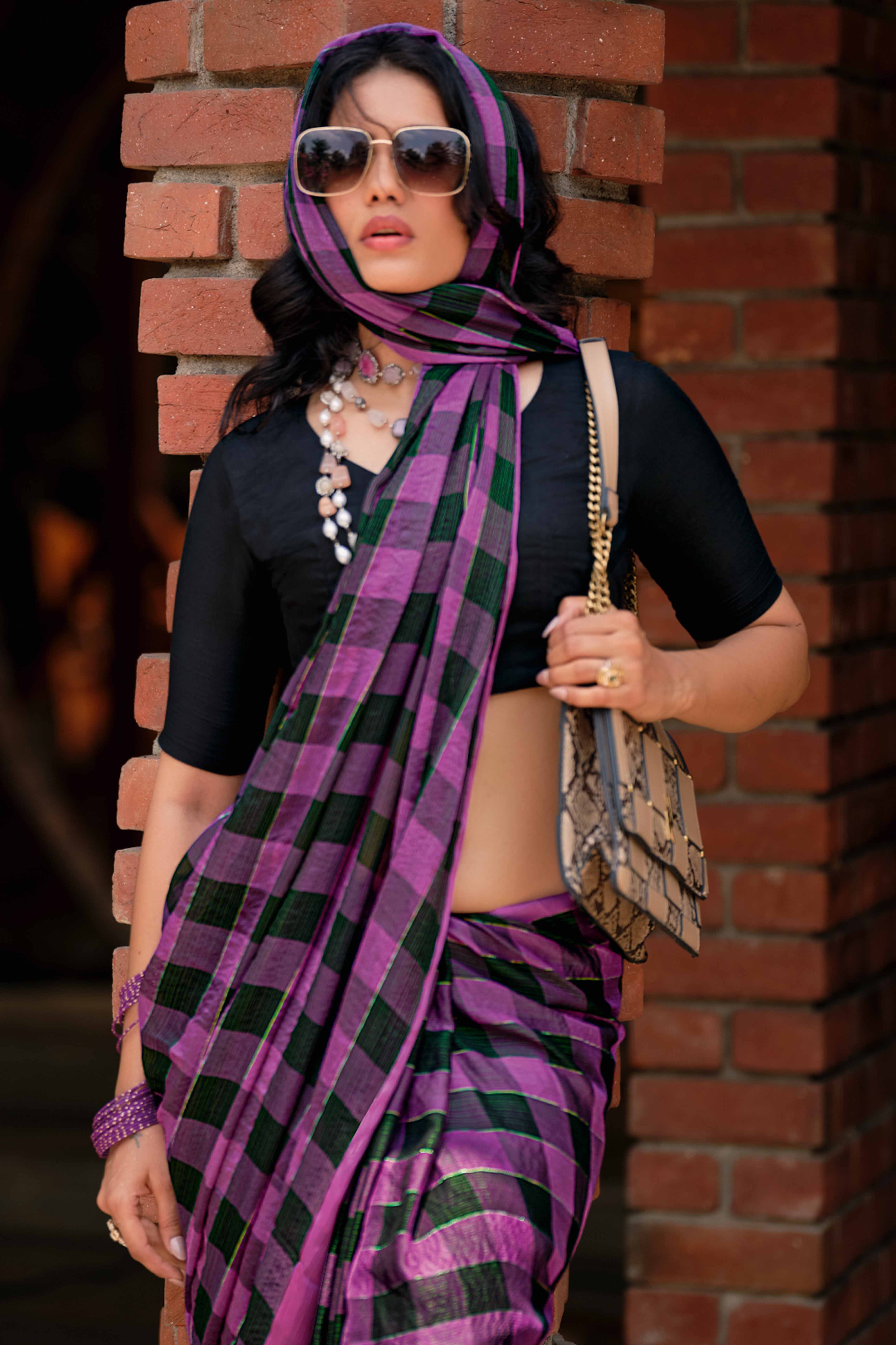 Lavender With Intricate Black Weaving Checks Georgette Saree