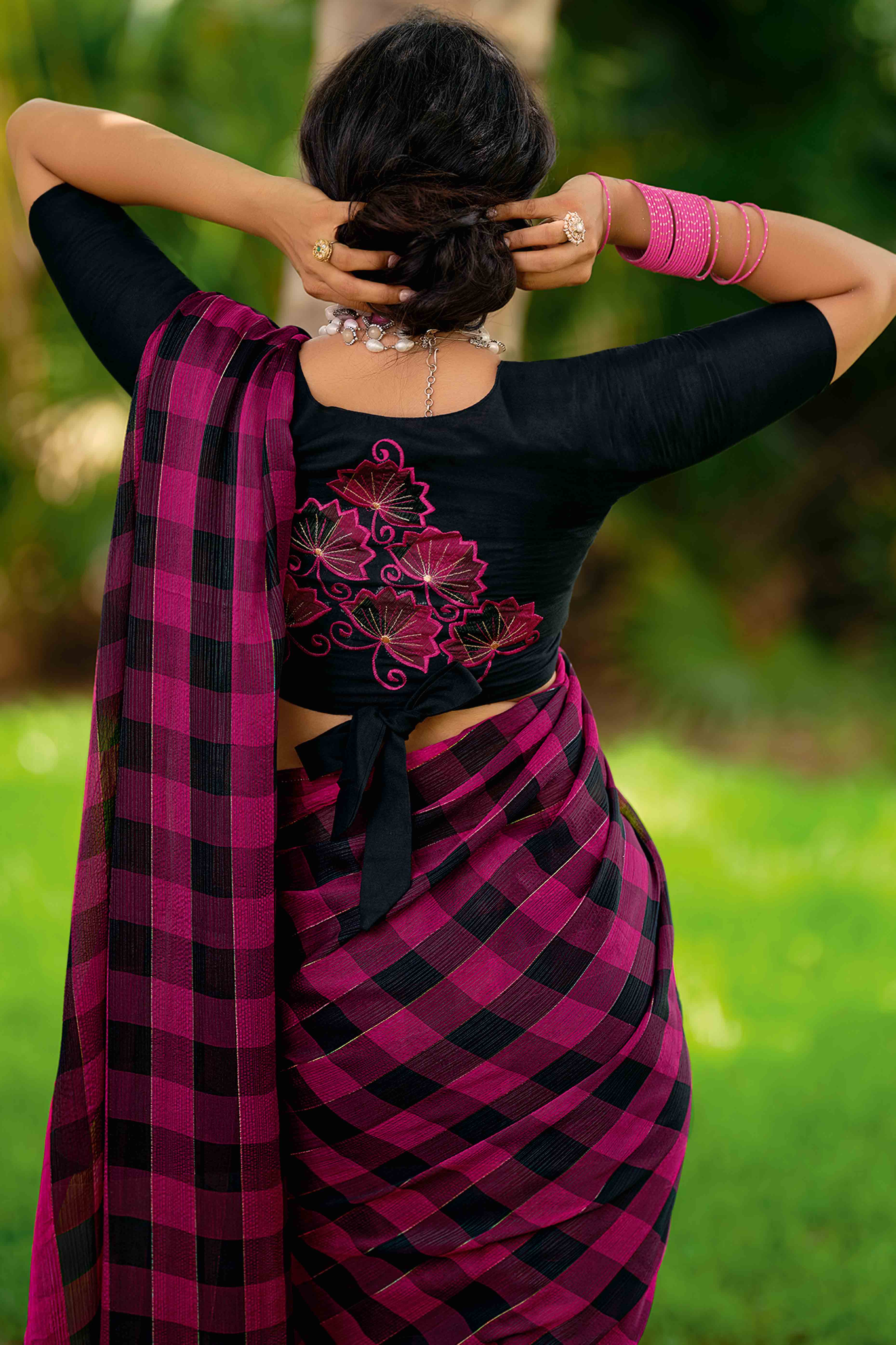 Magenta With Intricate Black Weaving Checks Georgette Saree