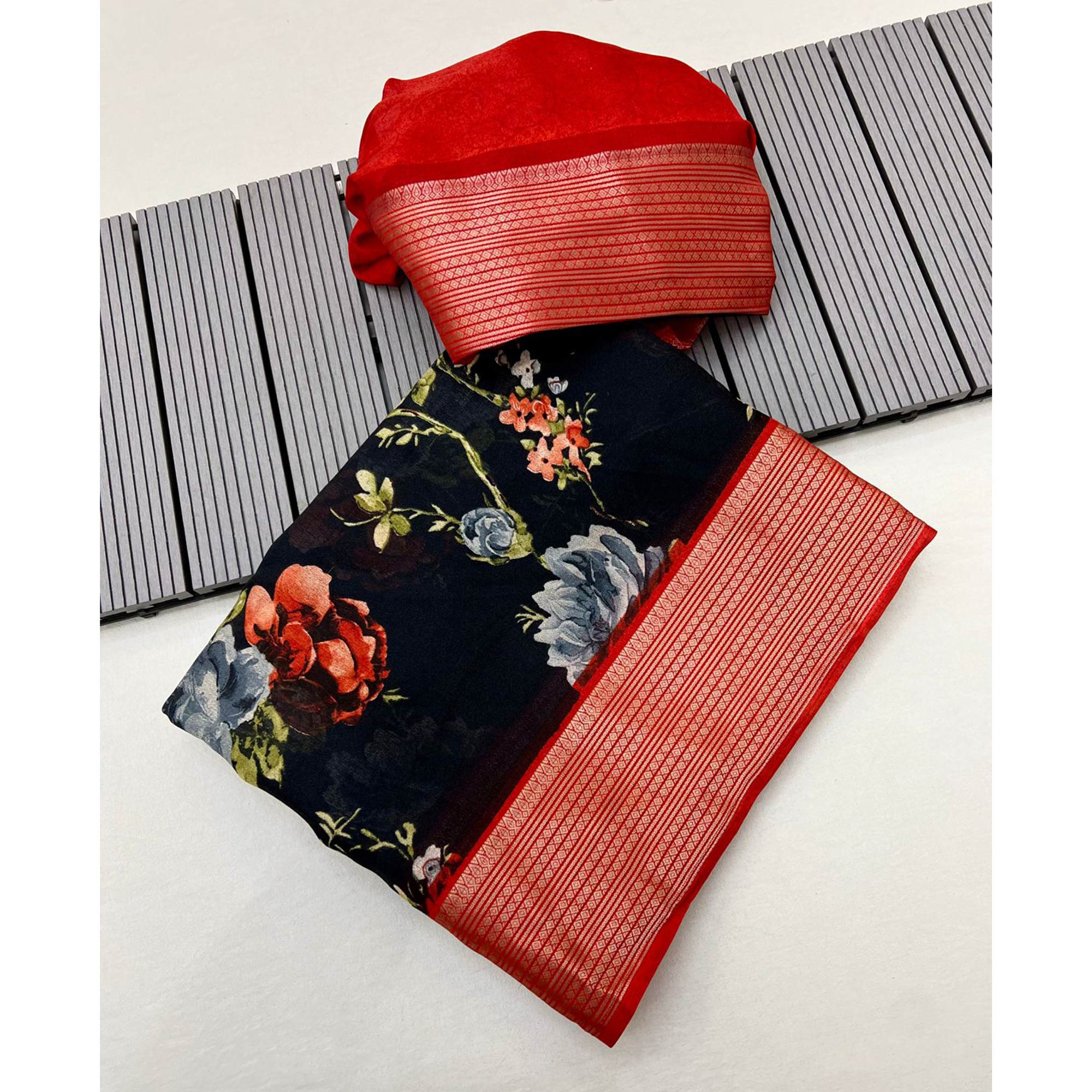 Black & Red Floral Printed Moss Georgette Saree With Woven Border
