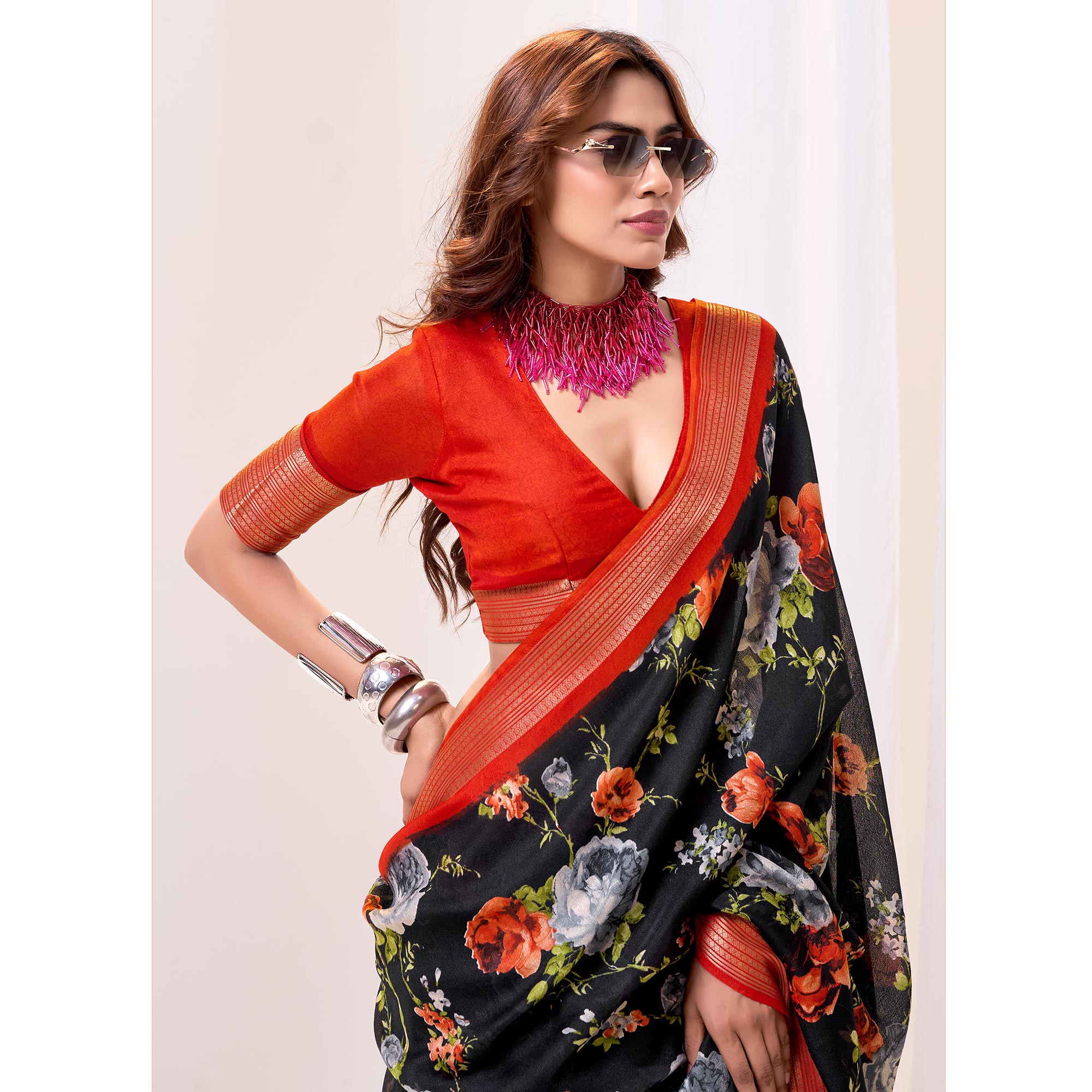 Black & Red Floral Printed Cotton Blend Saree With Woven Border