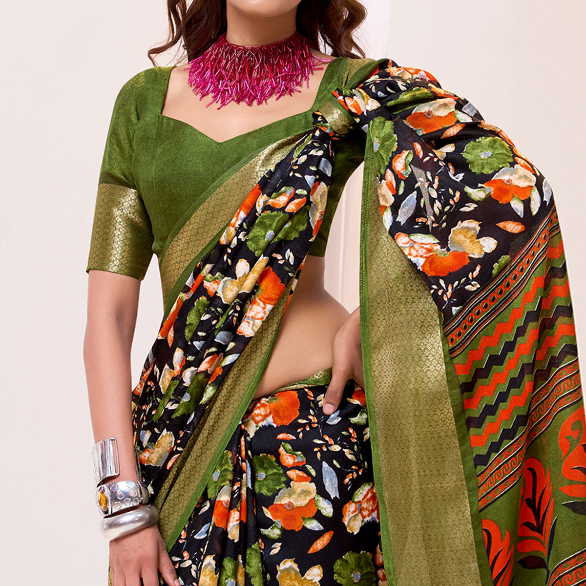 Black & Green Floral Printed Cotton Blend Saree With Woven Border