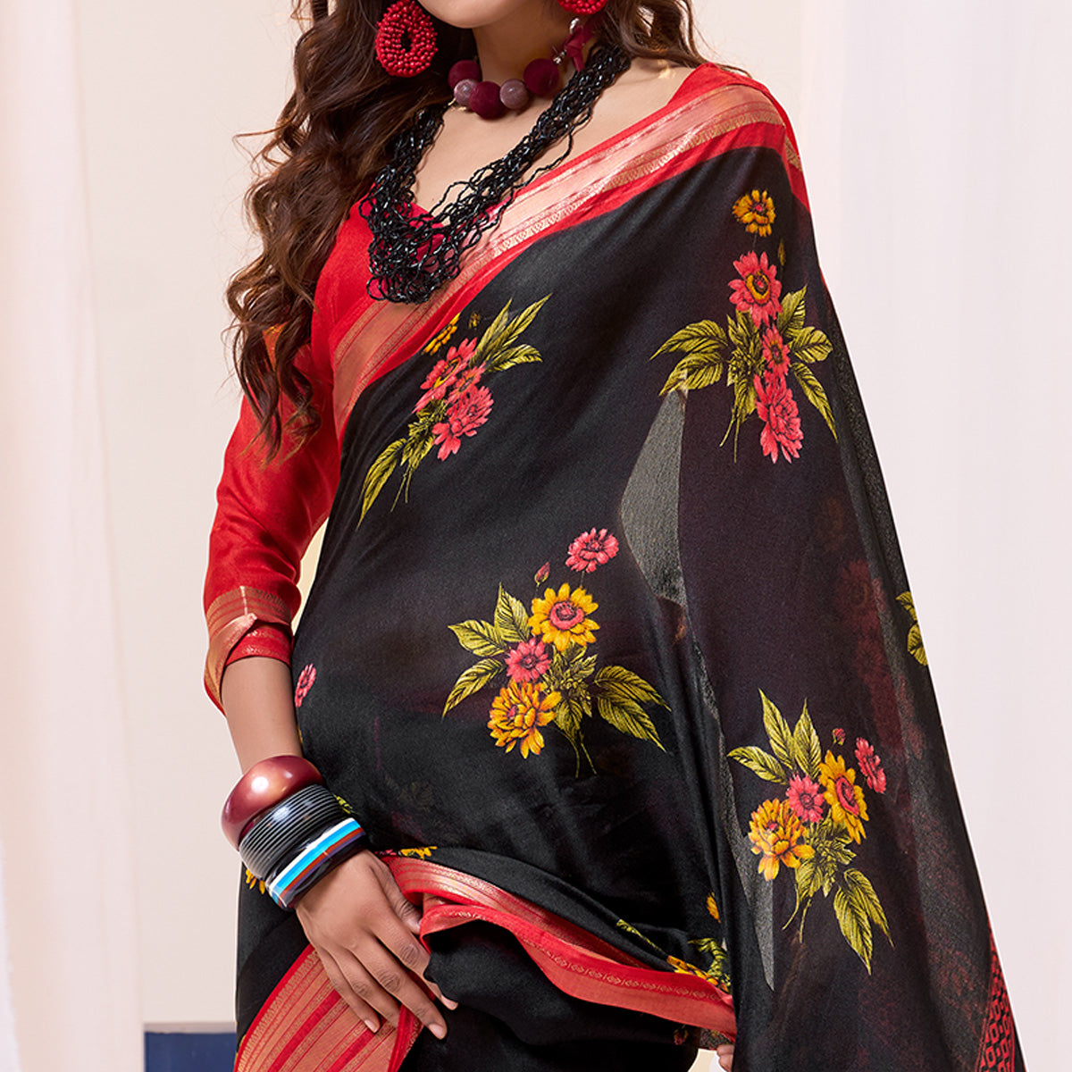 Black & Red Floral Printed Cotton Blend Saree With Woven Border